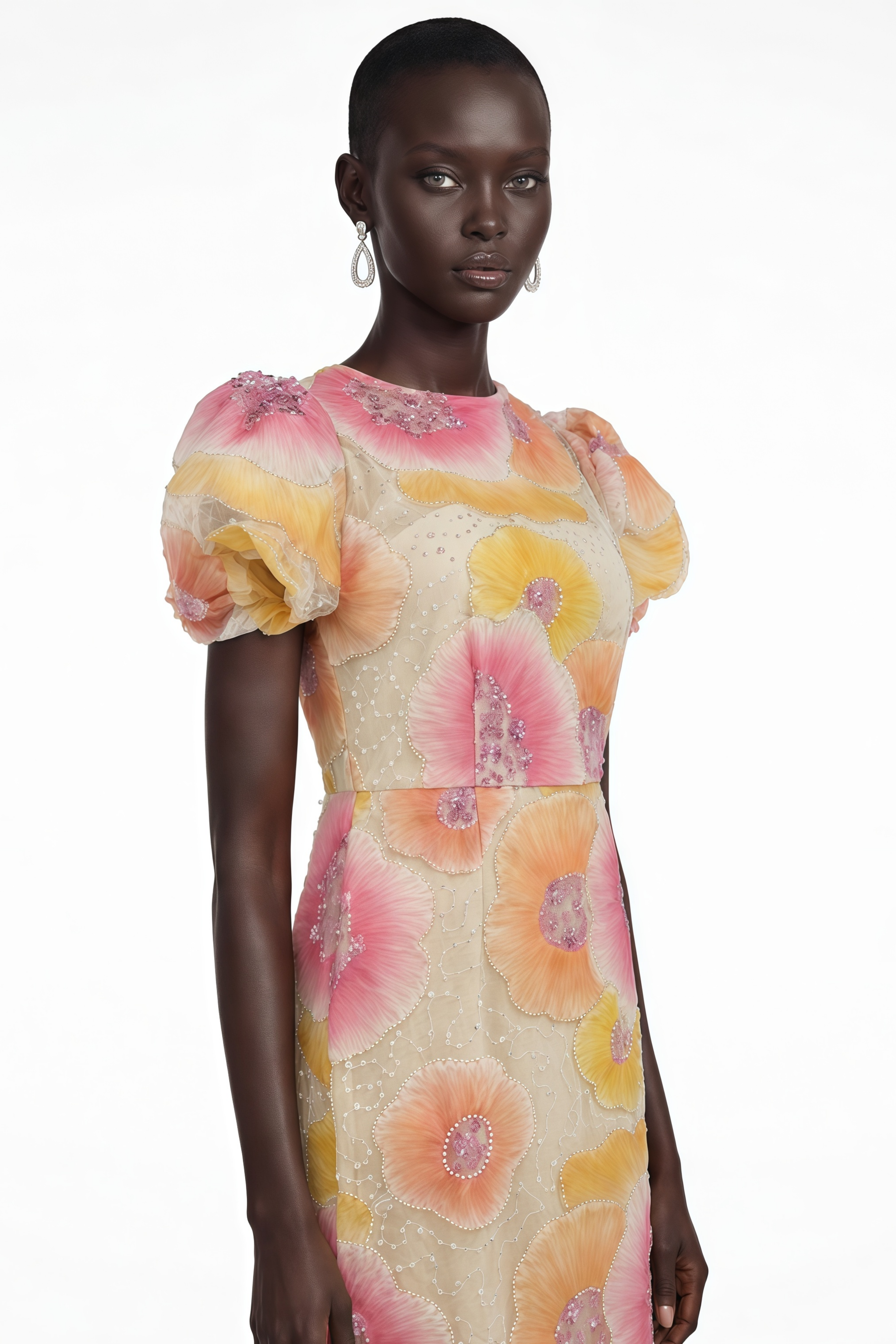 Robe mi-longue à imprimé floral orange « Evangeline » avec paillettes et strass