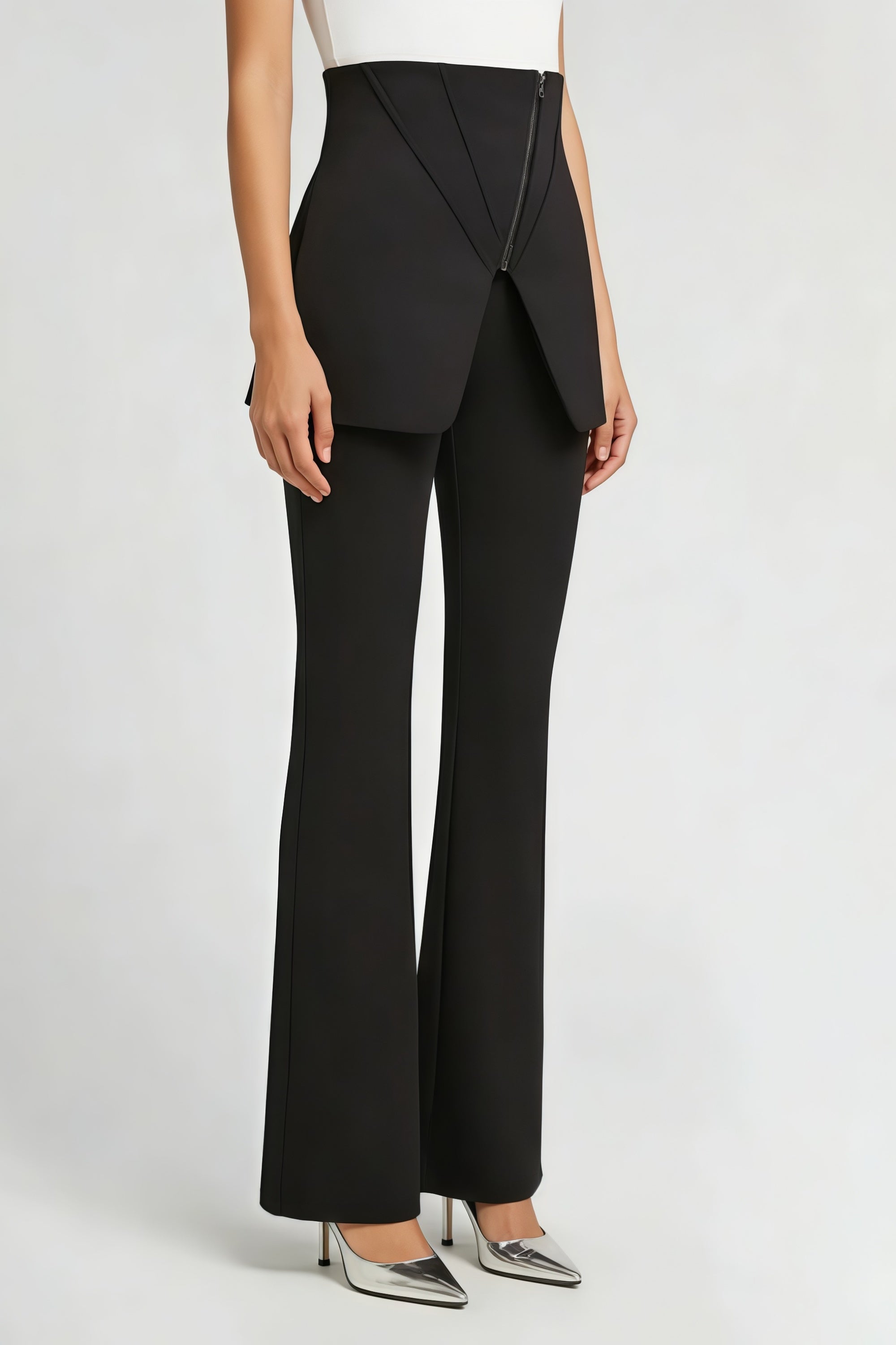 Maëlys Black Diagonal-Zip Flared Trousers
