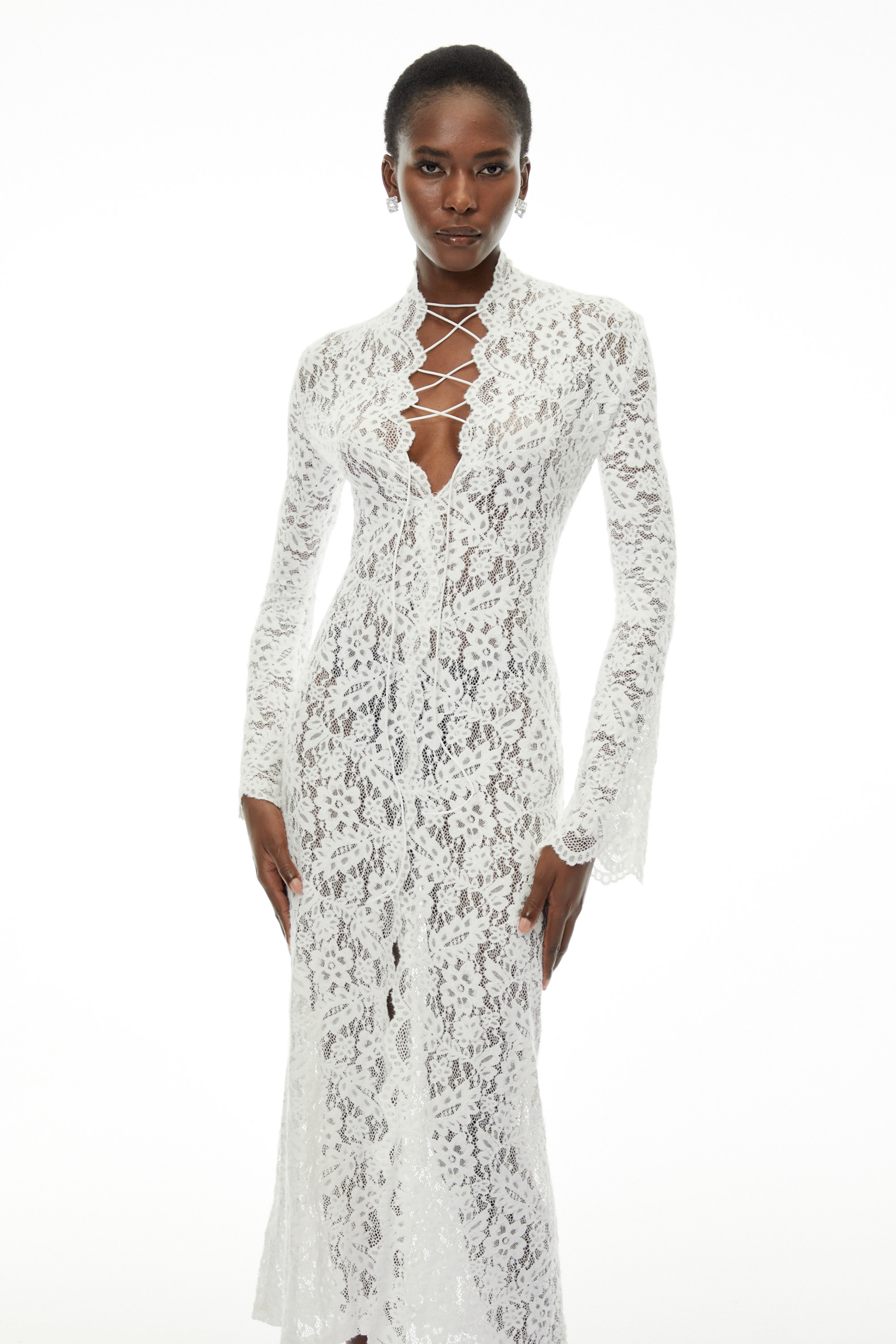 Maëlys White Floral Lace Plunge Neck Maxi Dress