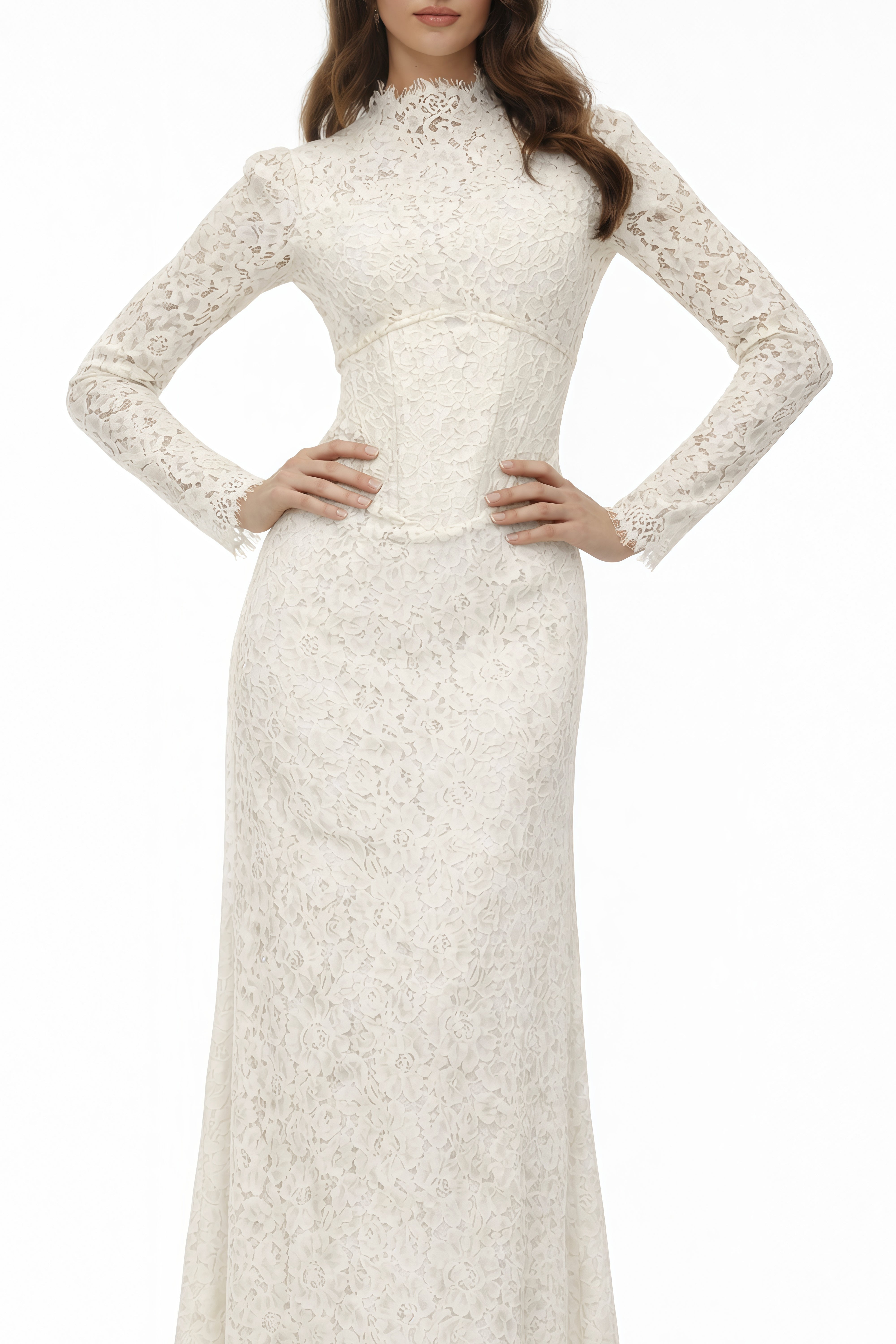 Robe longue en dentelle blanche à col haut, manches longues et corsage