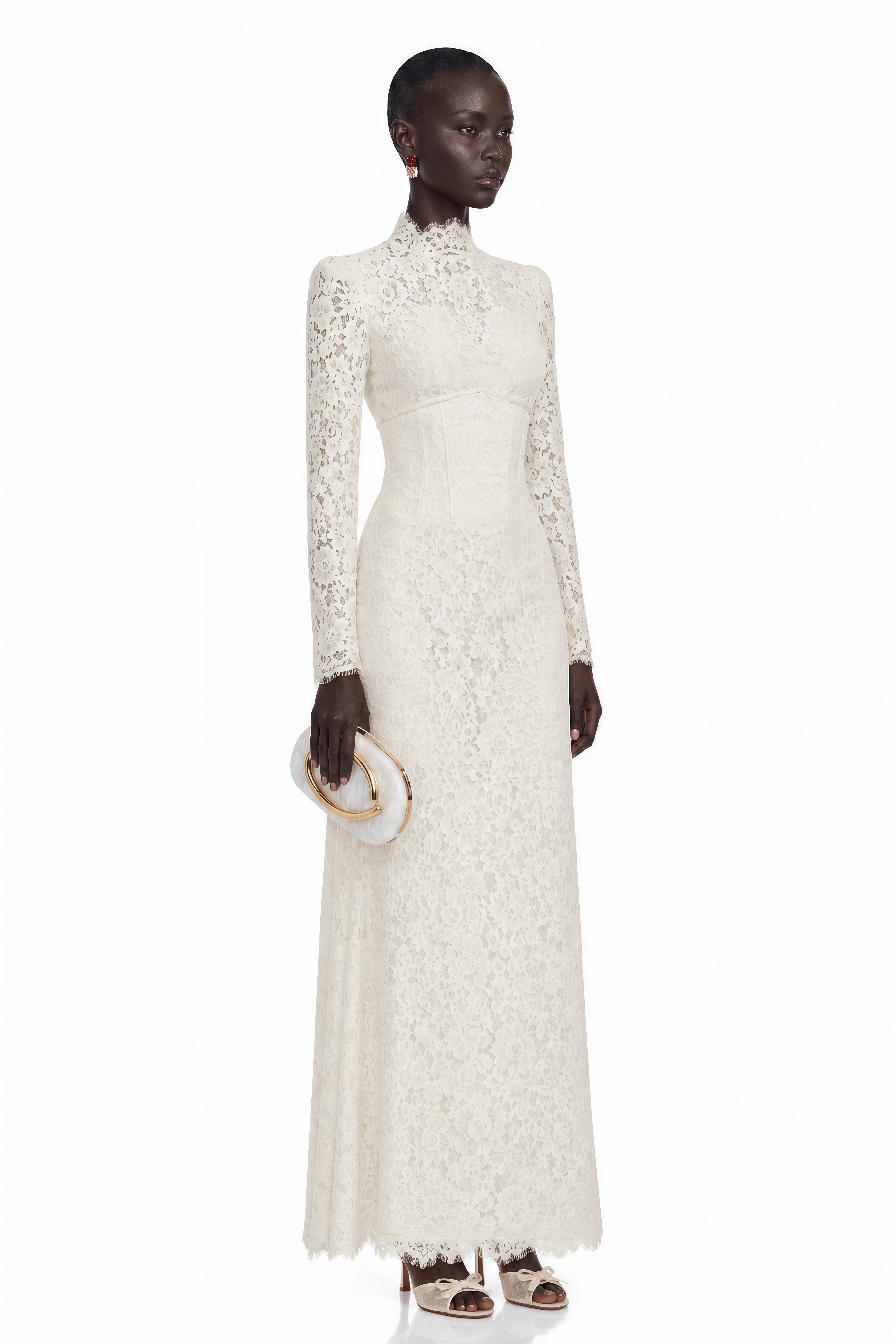 Maggie Ivory High Neck Floral Lace Maxi Dress