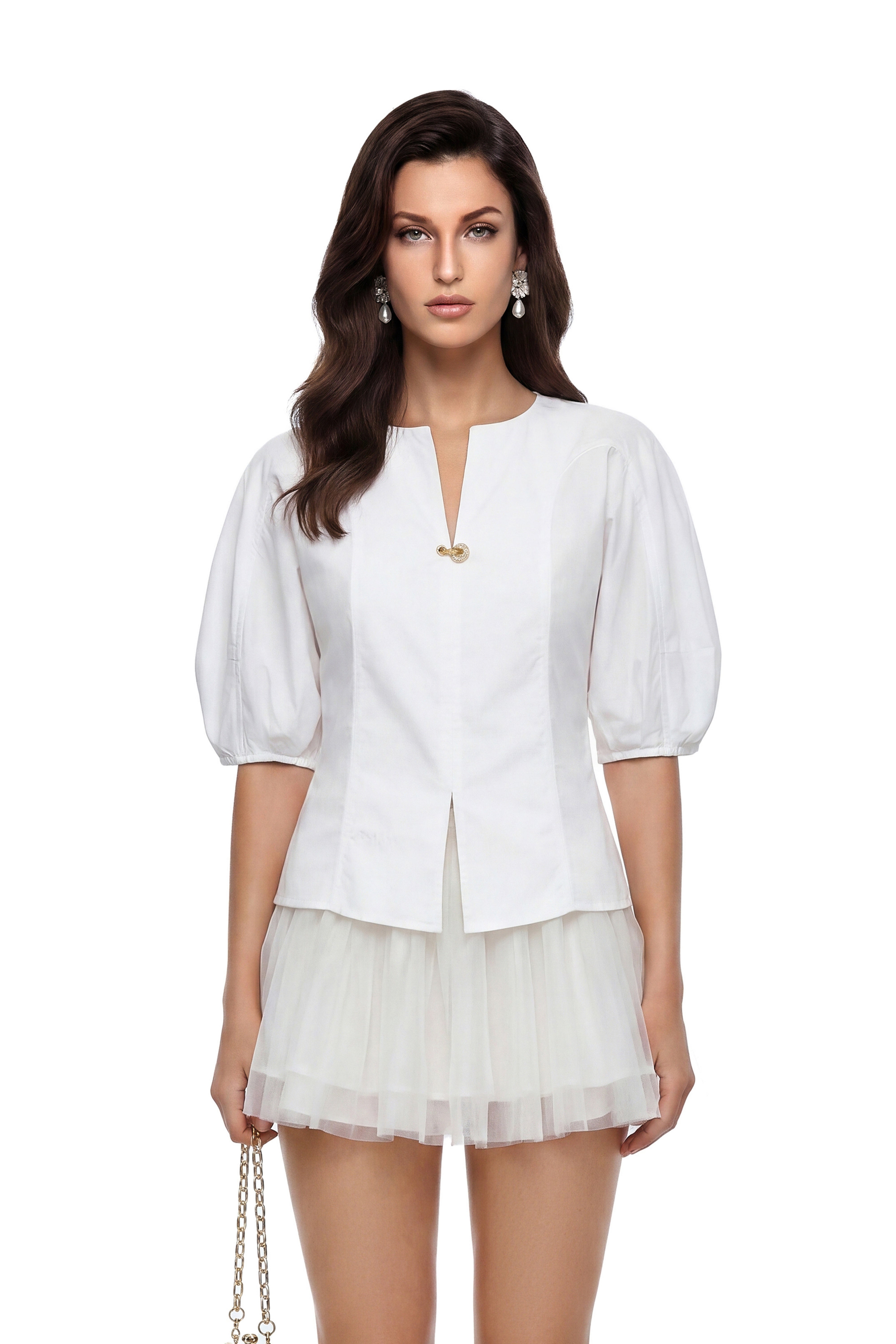 Maggie White V-Neck Puff Sleeve Top