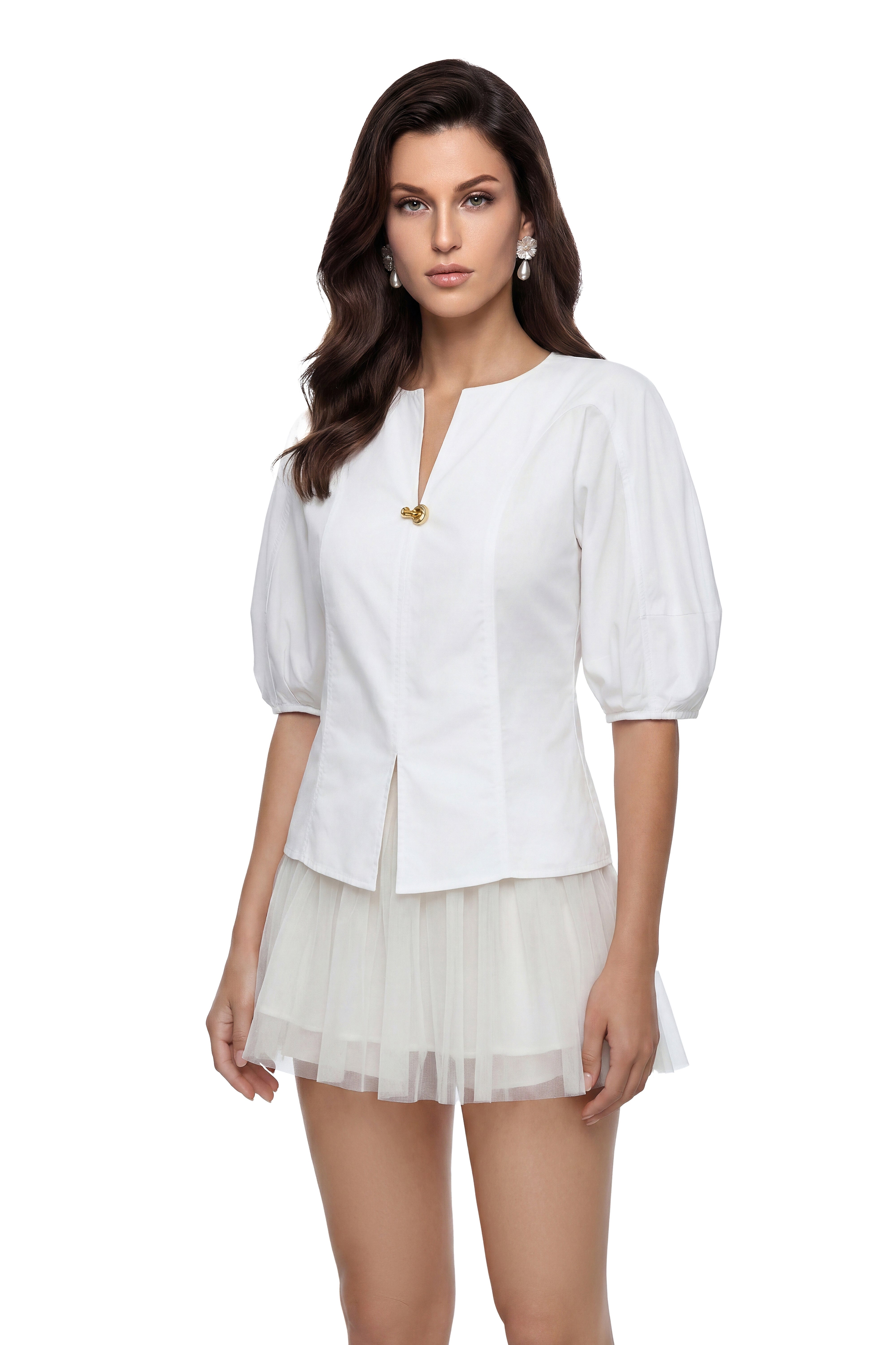 Maggie White V-Neck Puff Sleeve Top