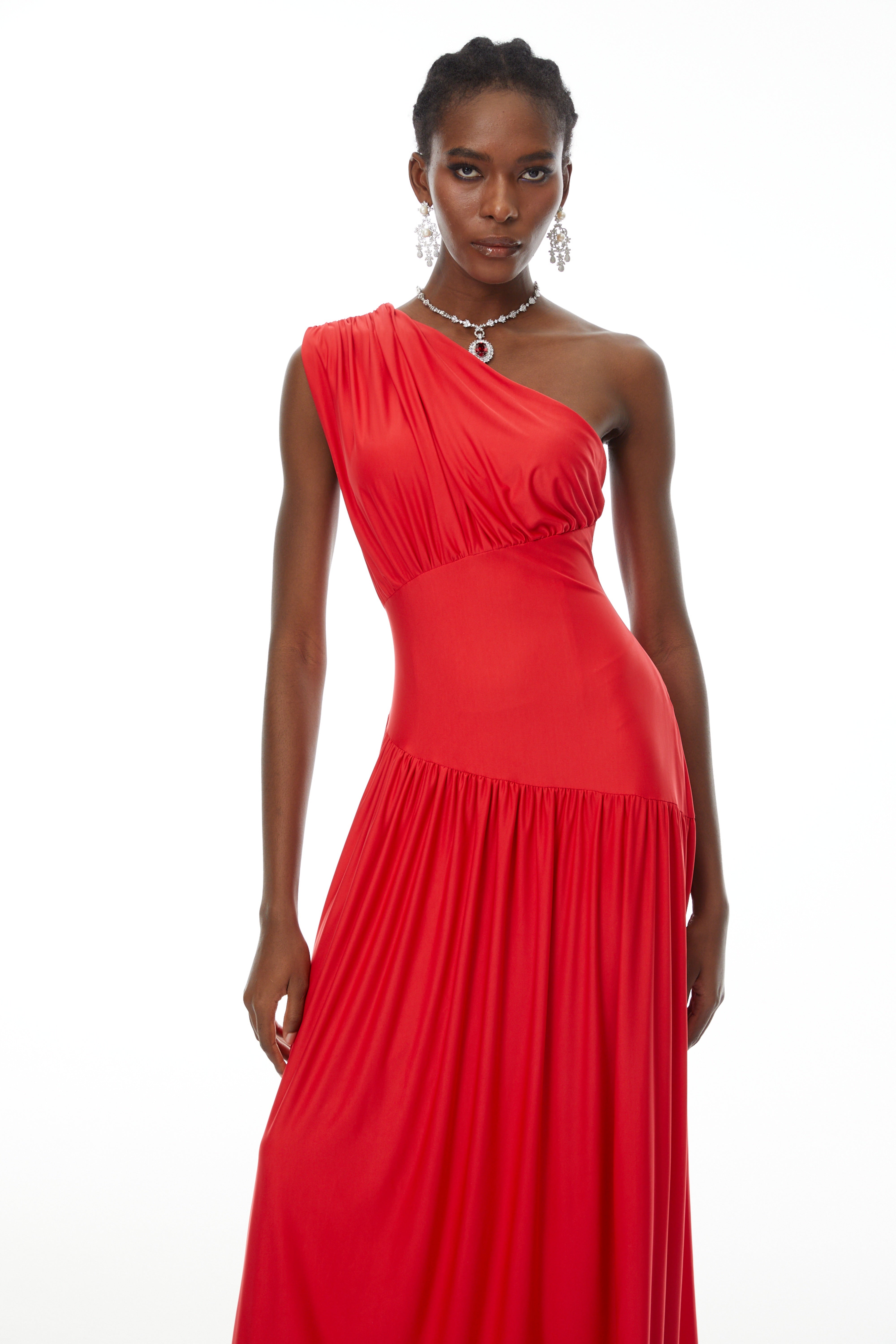 Magnolia Red One Shoulder Ruched Maxi Dress