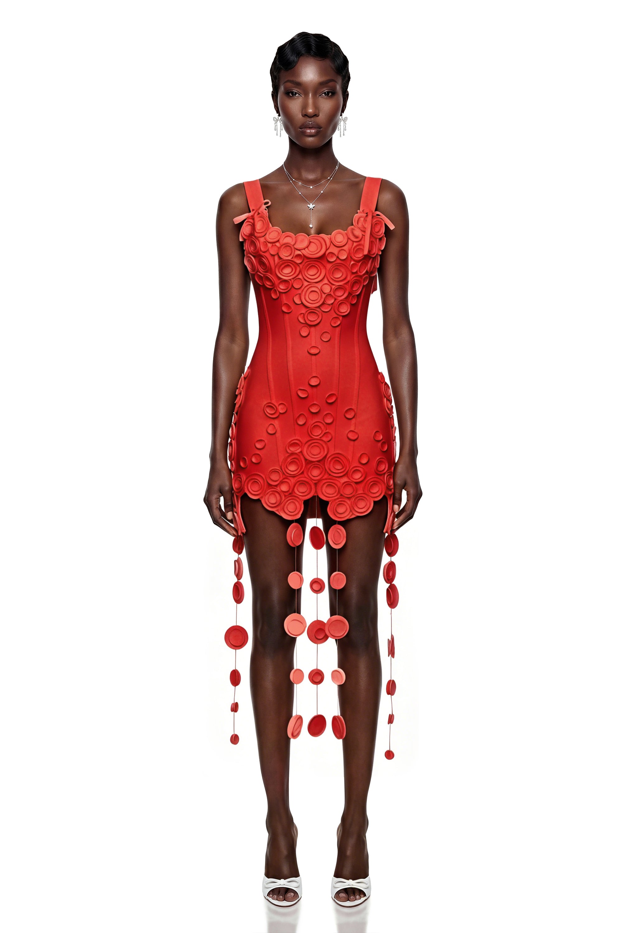 Mahkadeh Red Fringe Mini Dress with 3D Petals