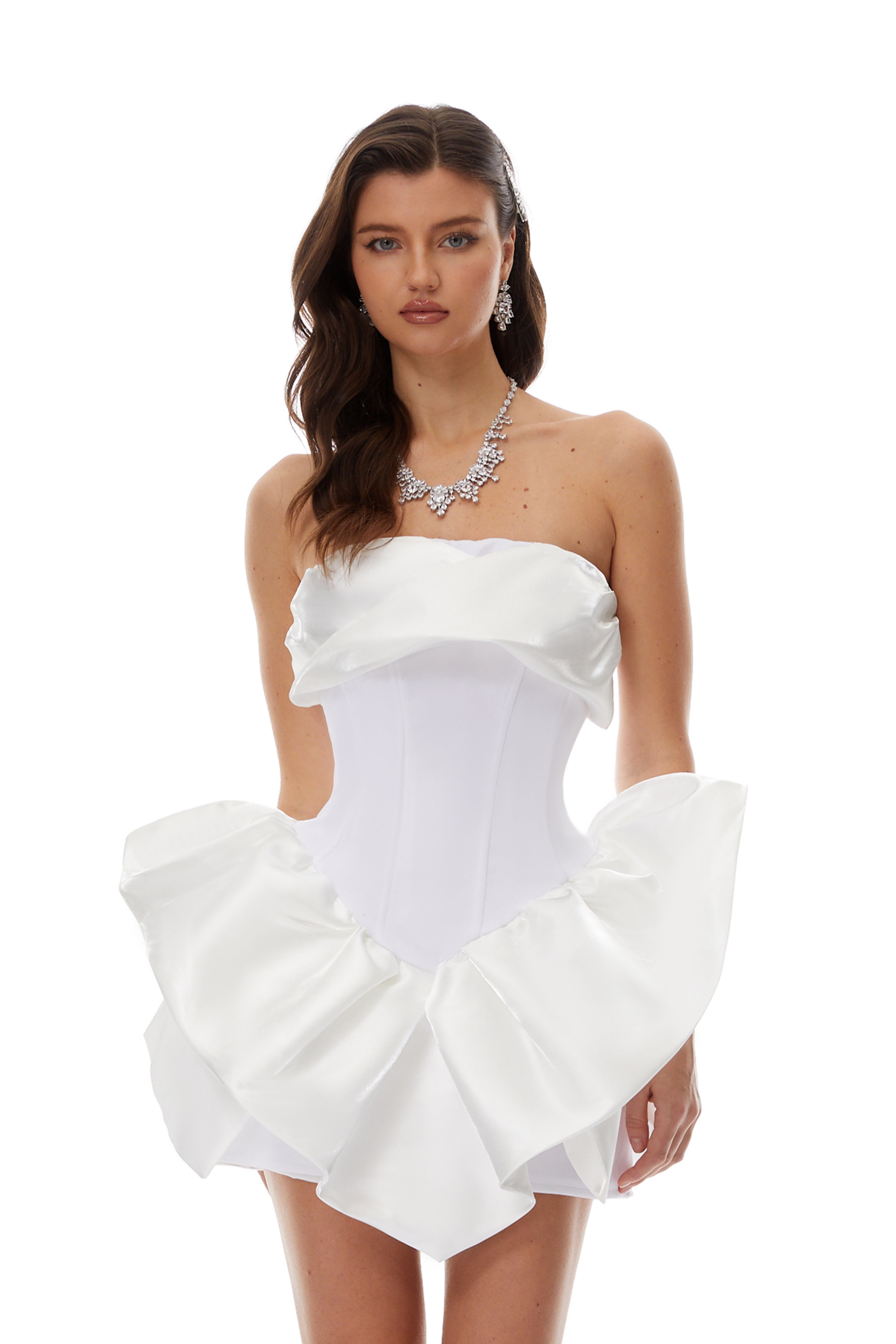 Maialen Weißes asymmetrisches Rüschen-Minikleid