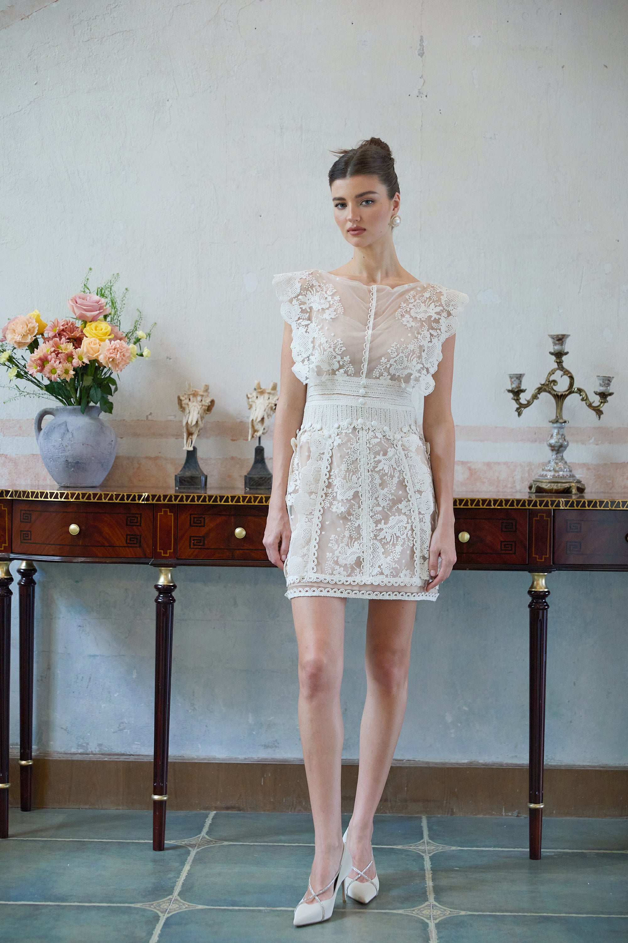 Maïa white floral-embroidered lace mini dress
