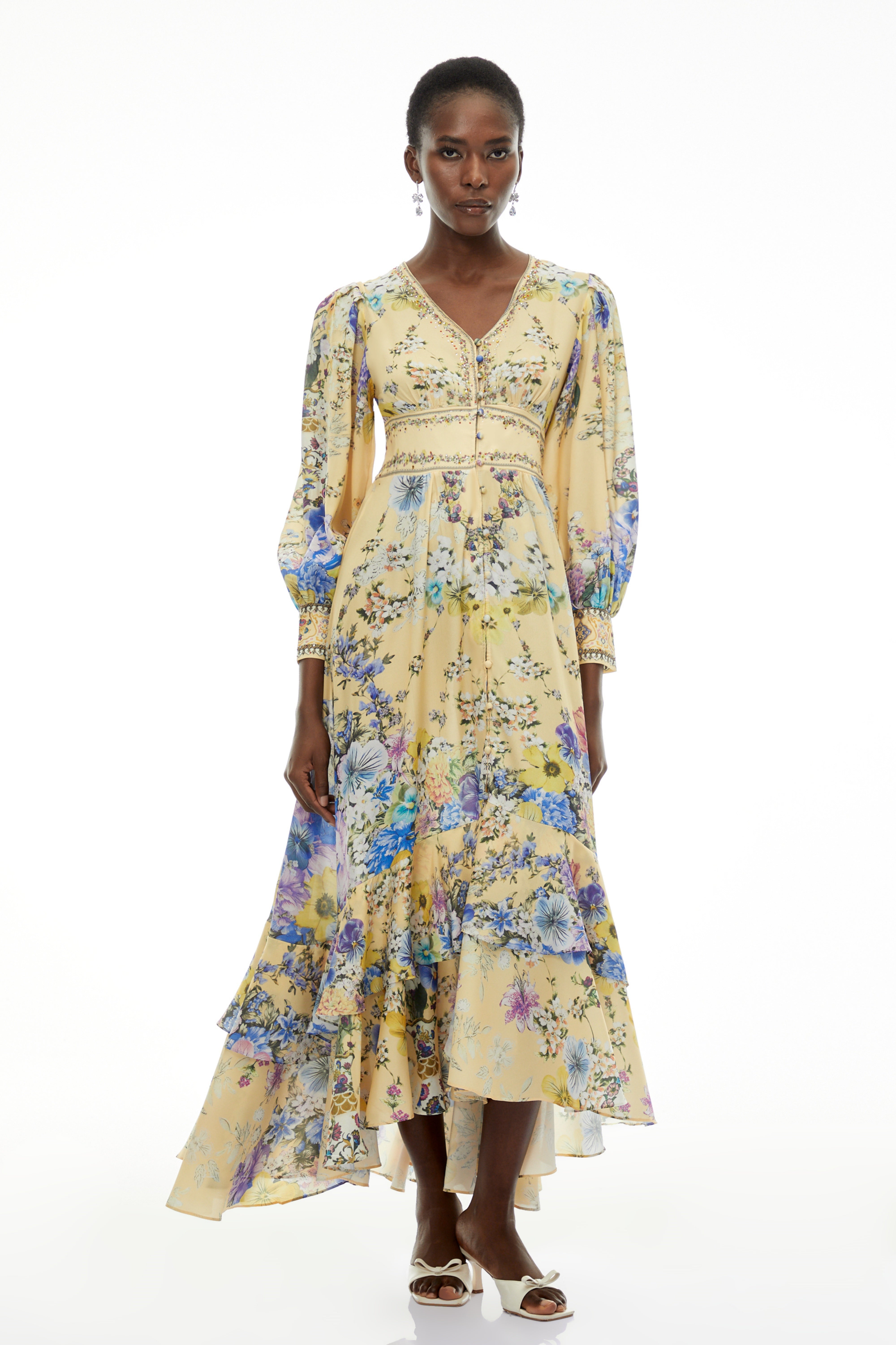Manon Yellow V-Neck Puff Sleeve Floral Print Maxi Dress
