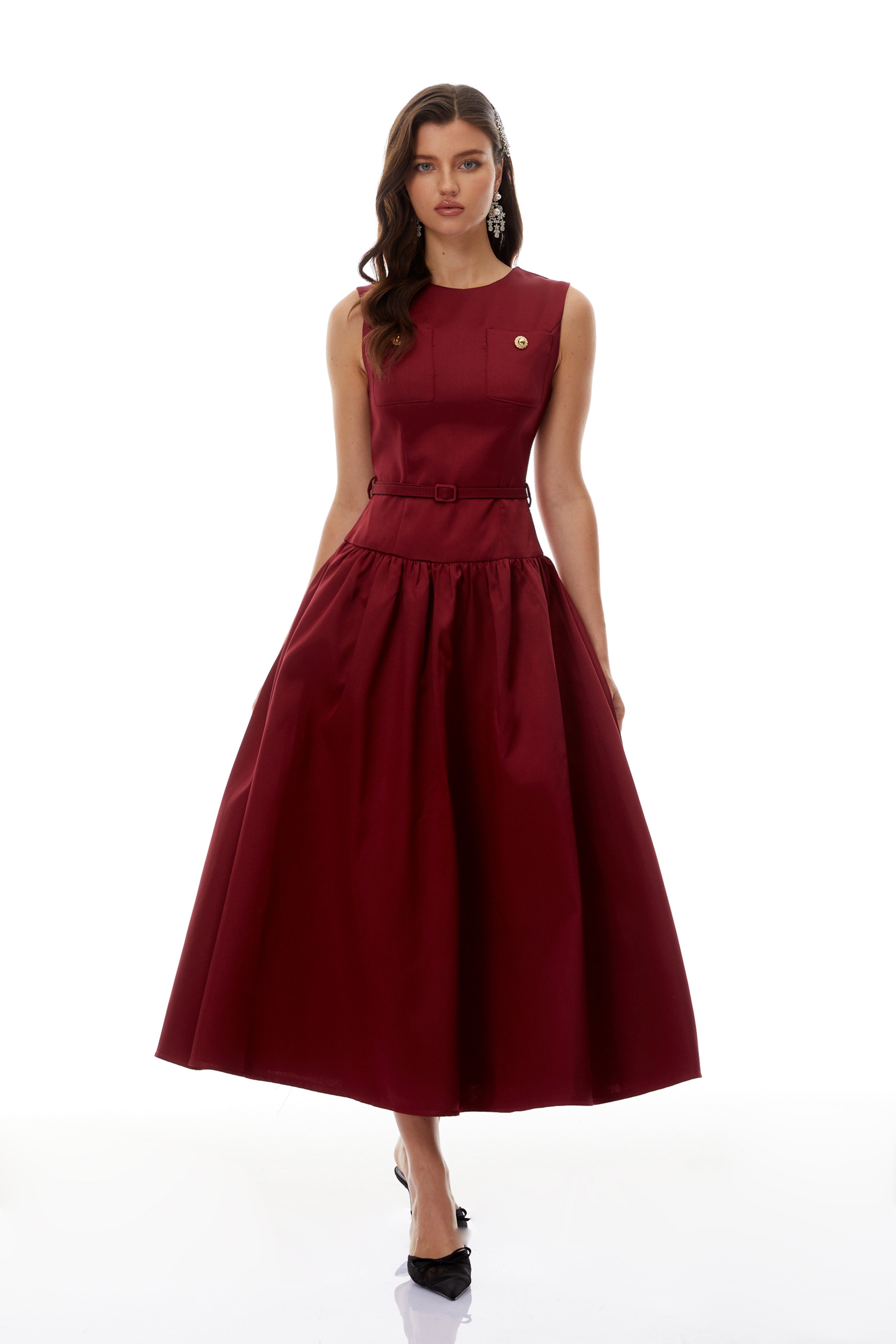 Triana Burgundy Belt Waist Satin Maxi Dress