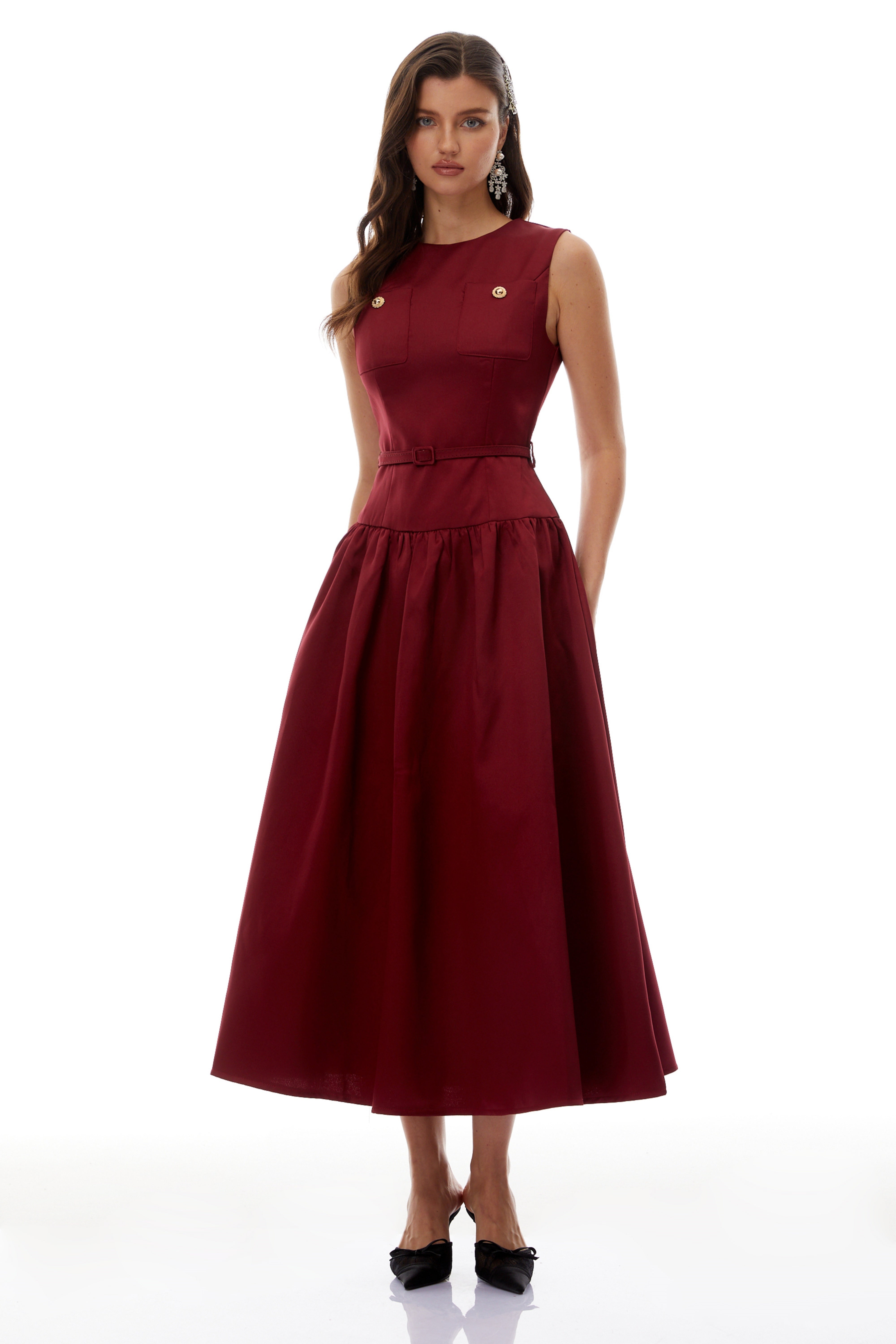 Triana Burgundy Belt Waist Satin Maxi Dress