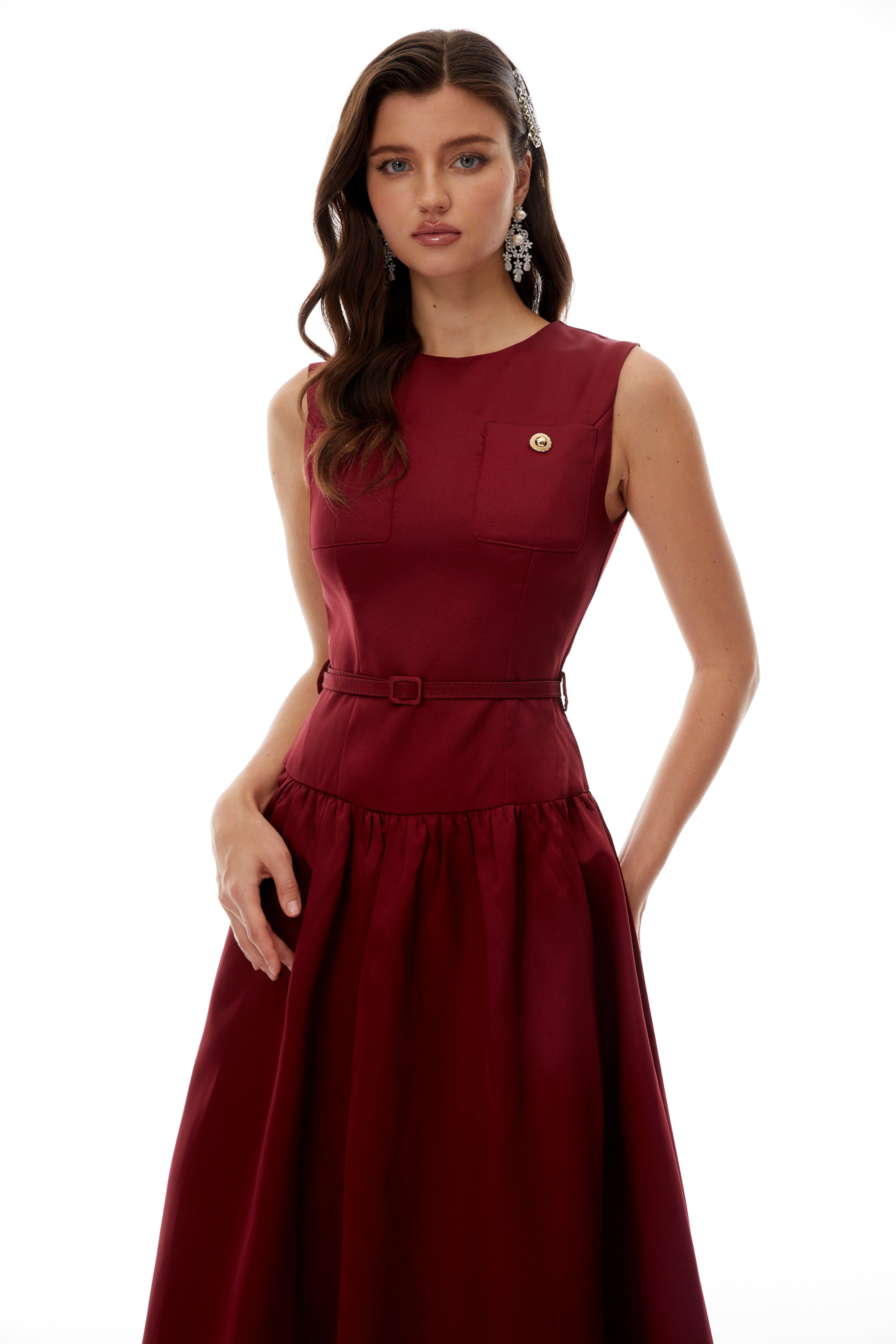 Triana Burgundy Belt Waist Satin Maxi Dress