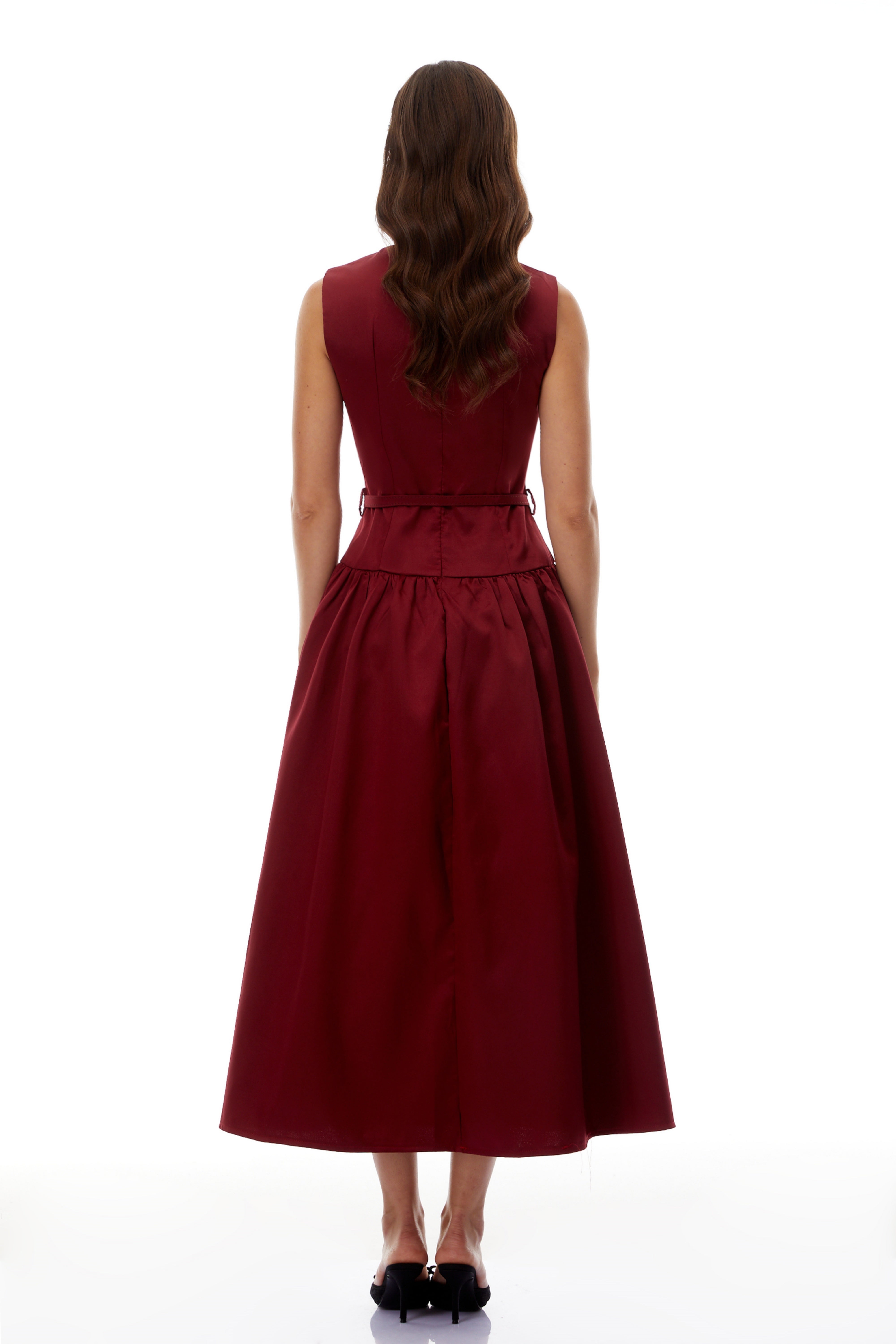 Triana Burgundy Belt Waist Satin Maxi Dress
