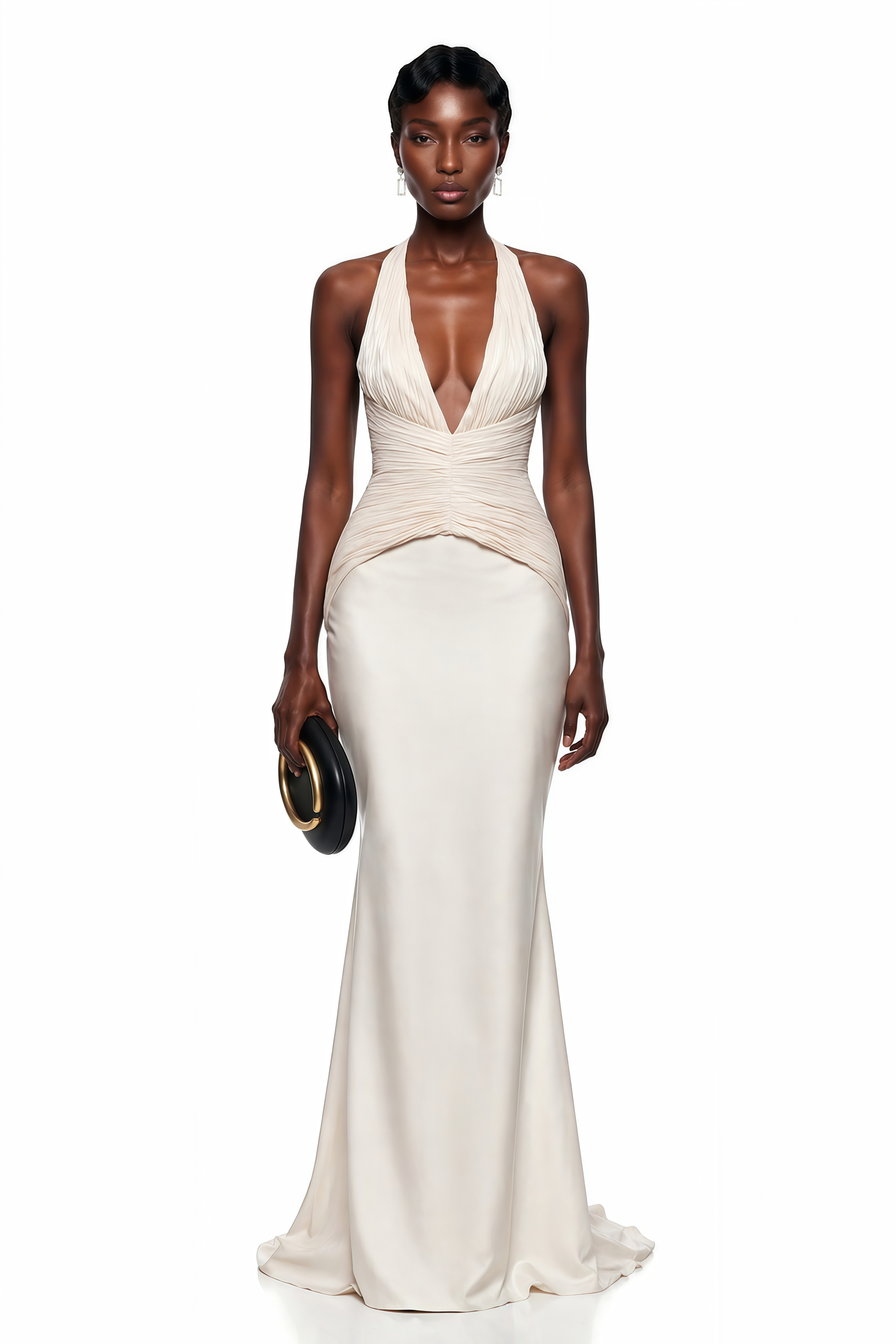 Robe dos nu ivoire avec un corsage plissé à encolure en V