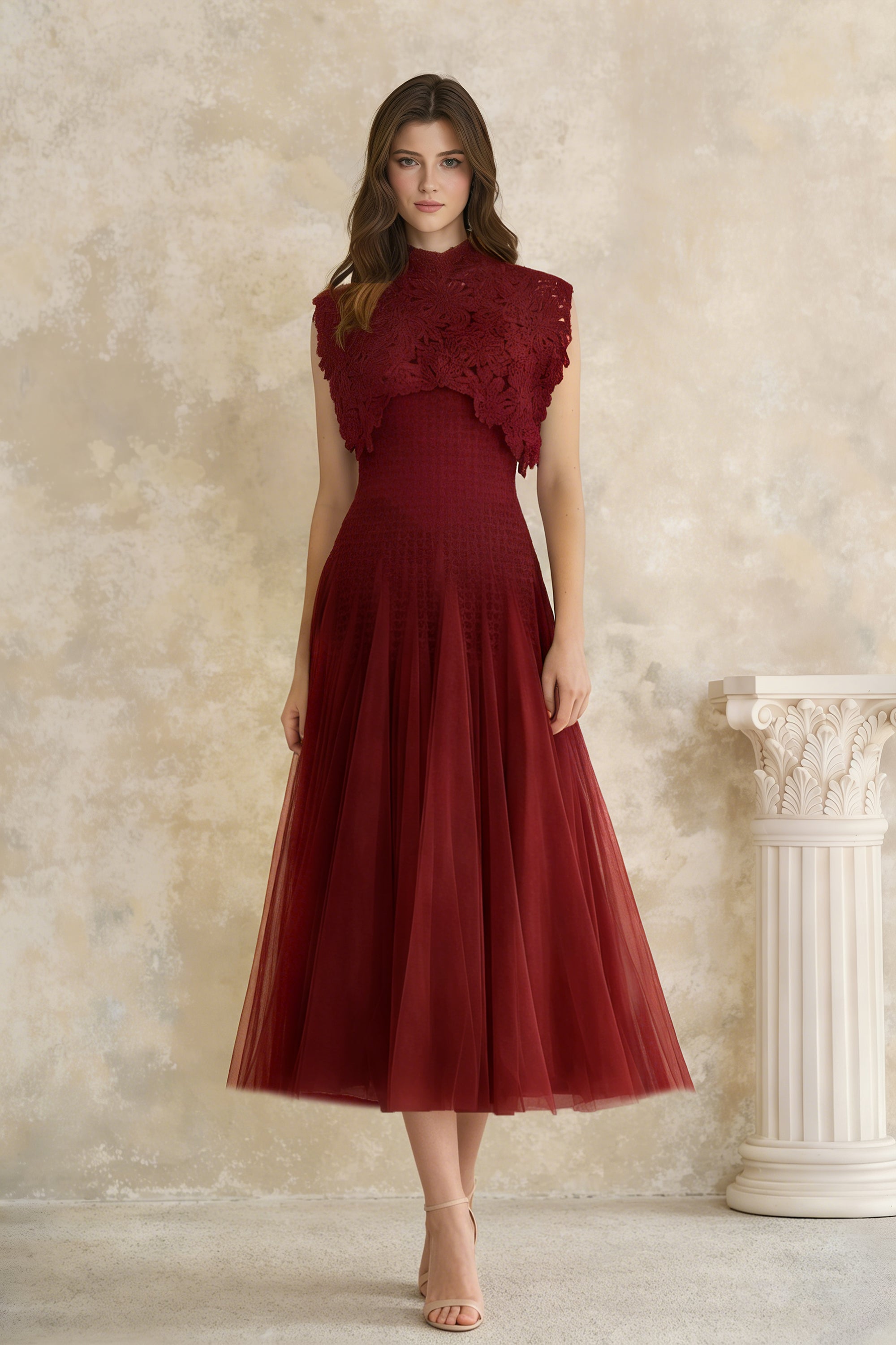 Margaret Red Floral Crochet Midi Dress