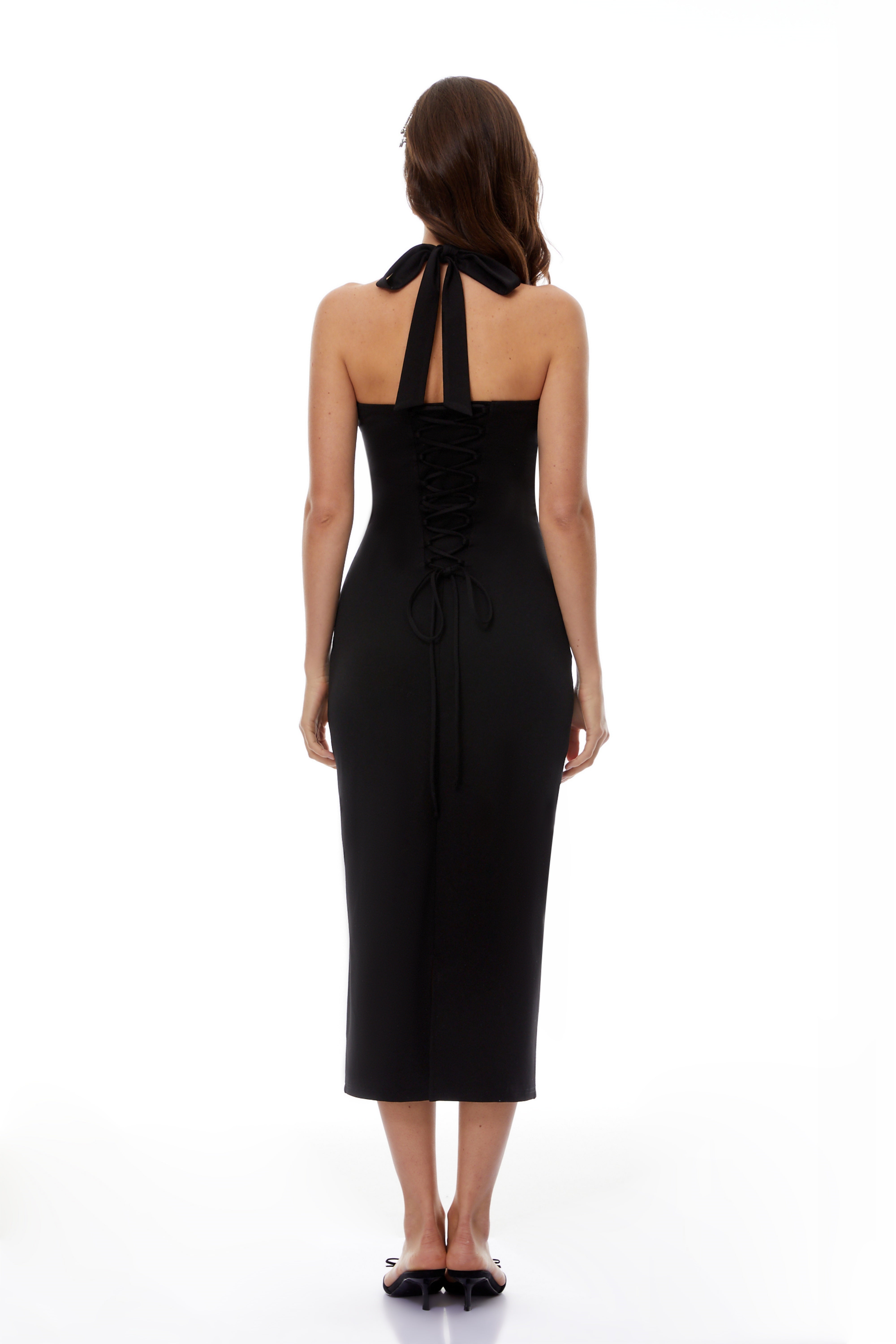 Margarete Black Halterneck Lace-Up Midi Dress