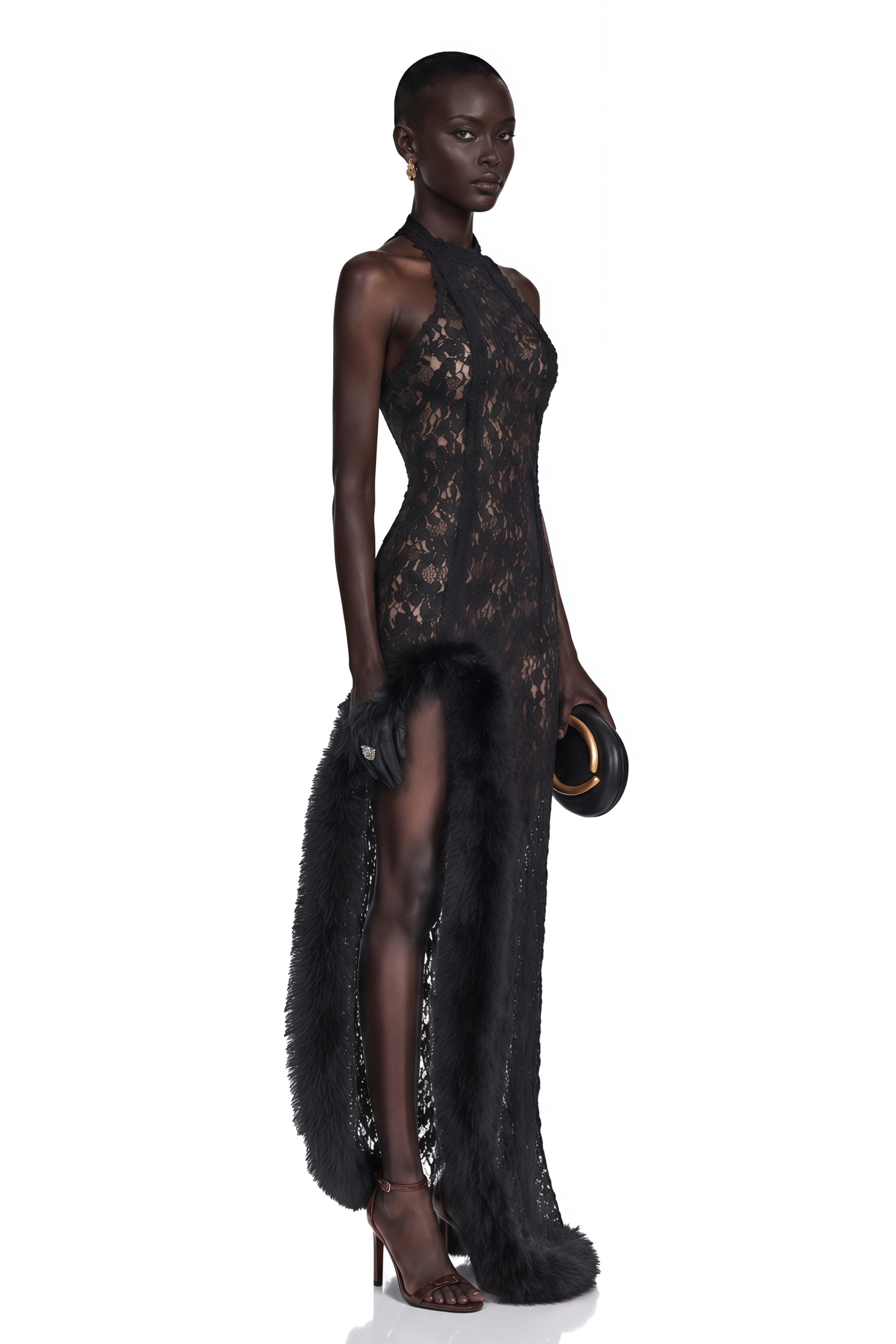 Margarida Black Lace Maxi Dress with Faux Fur Trim