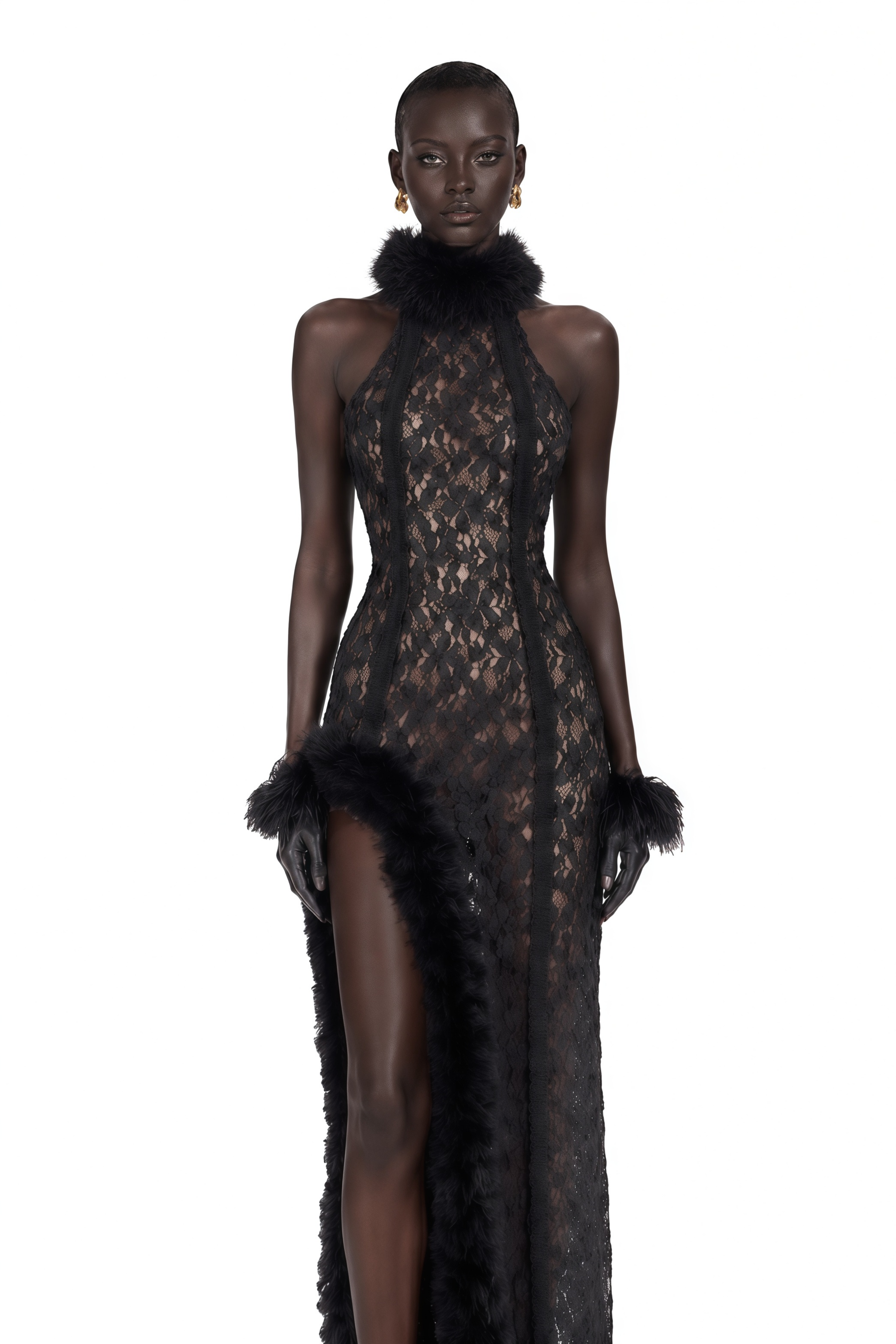 Margarida Black Lace Maxi Dress with Faux Fur Trim