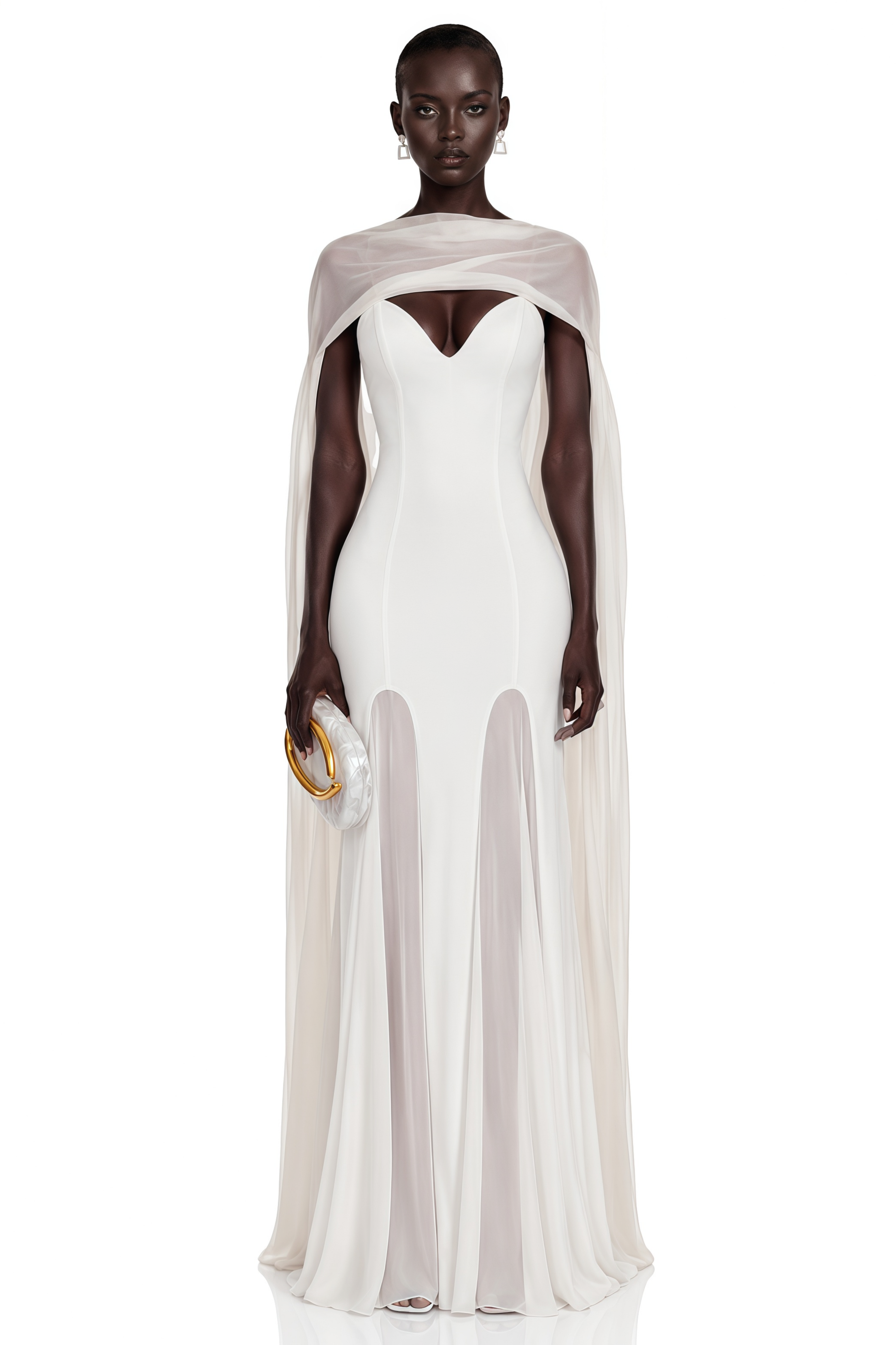 Margot White Plunging Paneled Maxi Dress with Scarf