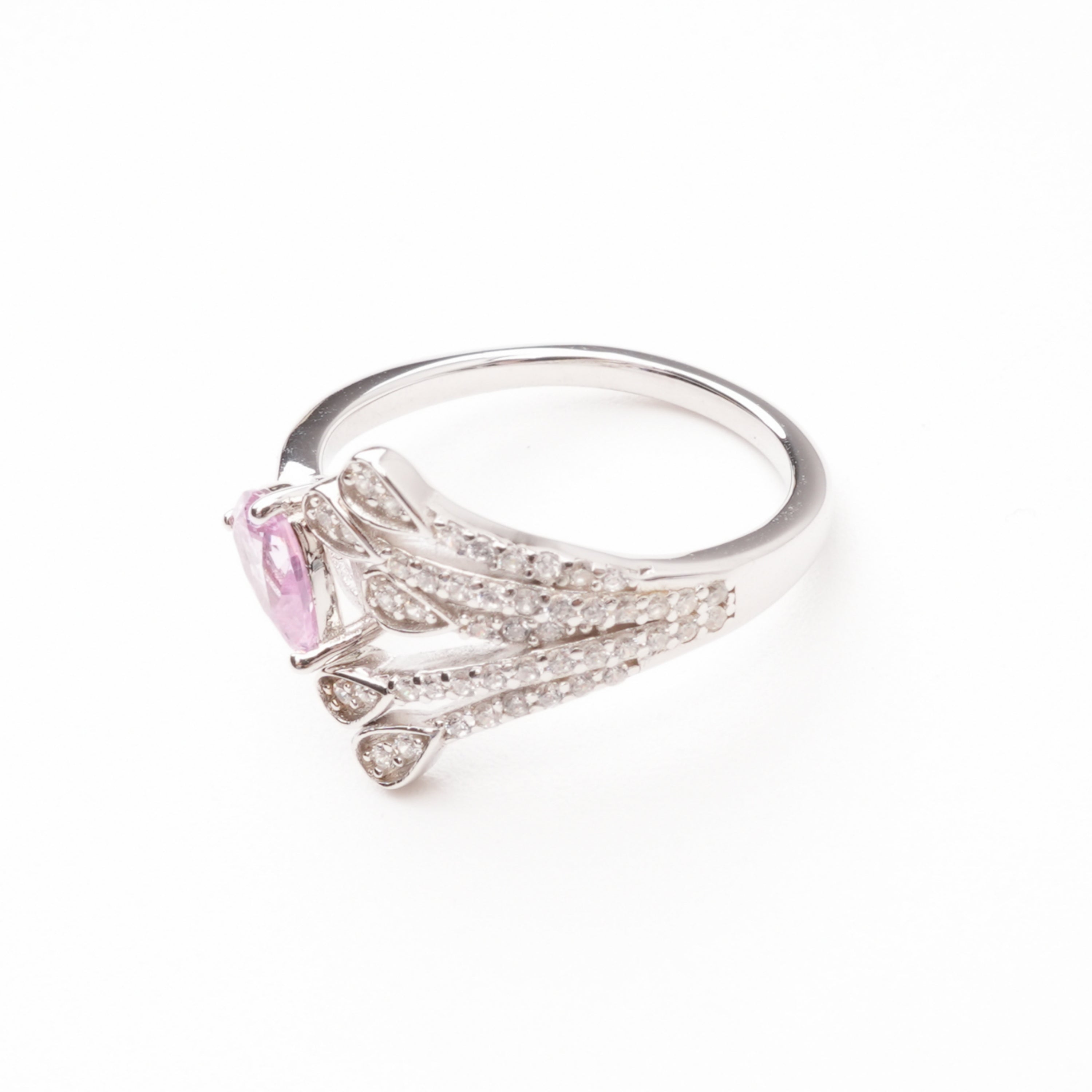 Marguerite Pink Pear Cut Gemstone Feather Crystal Sterling Silver Ring