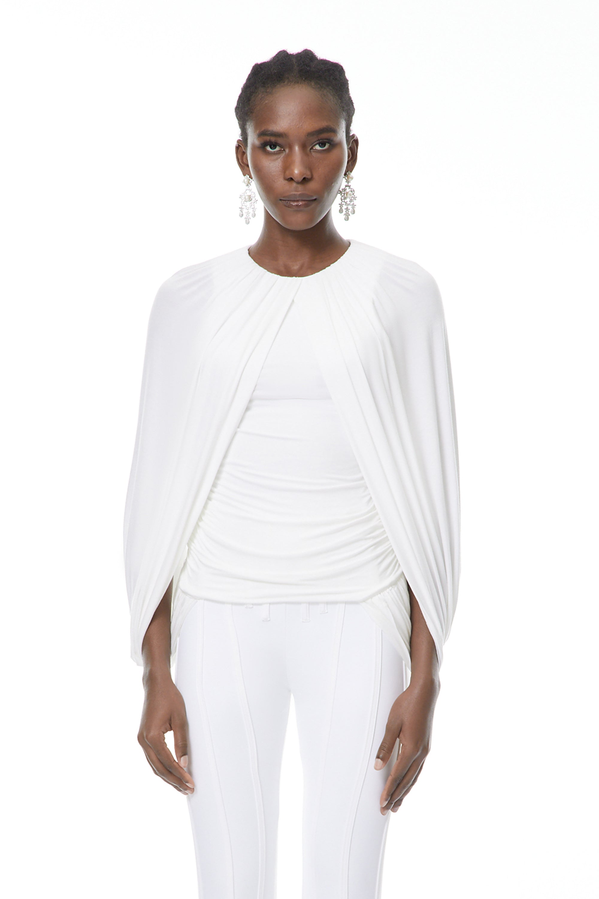 Marguerite White Ruched Cape Top