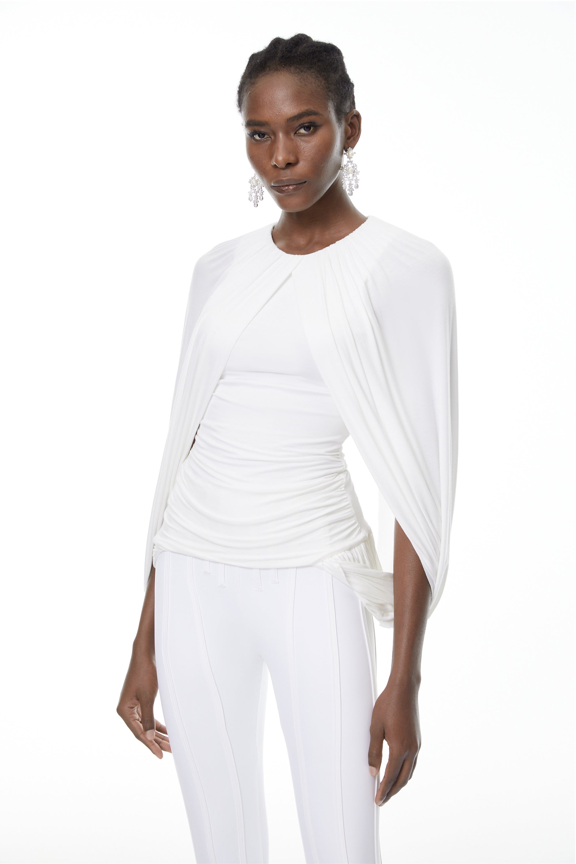 Marguerite White Ruched Cape Top