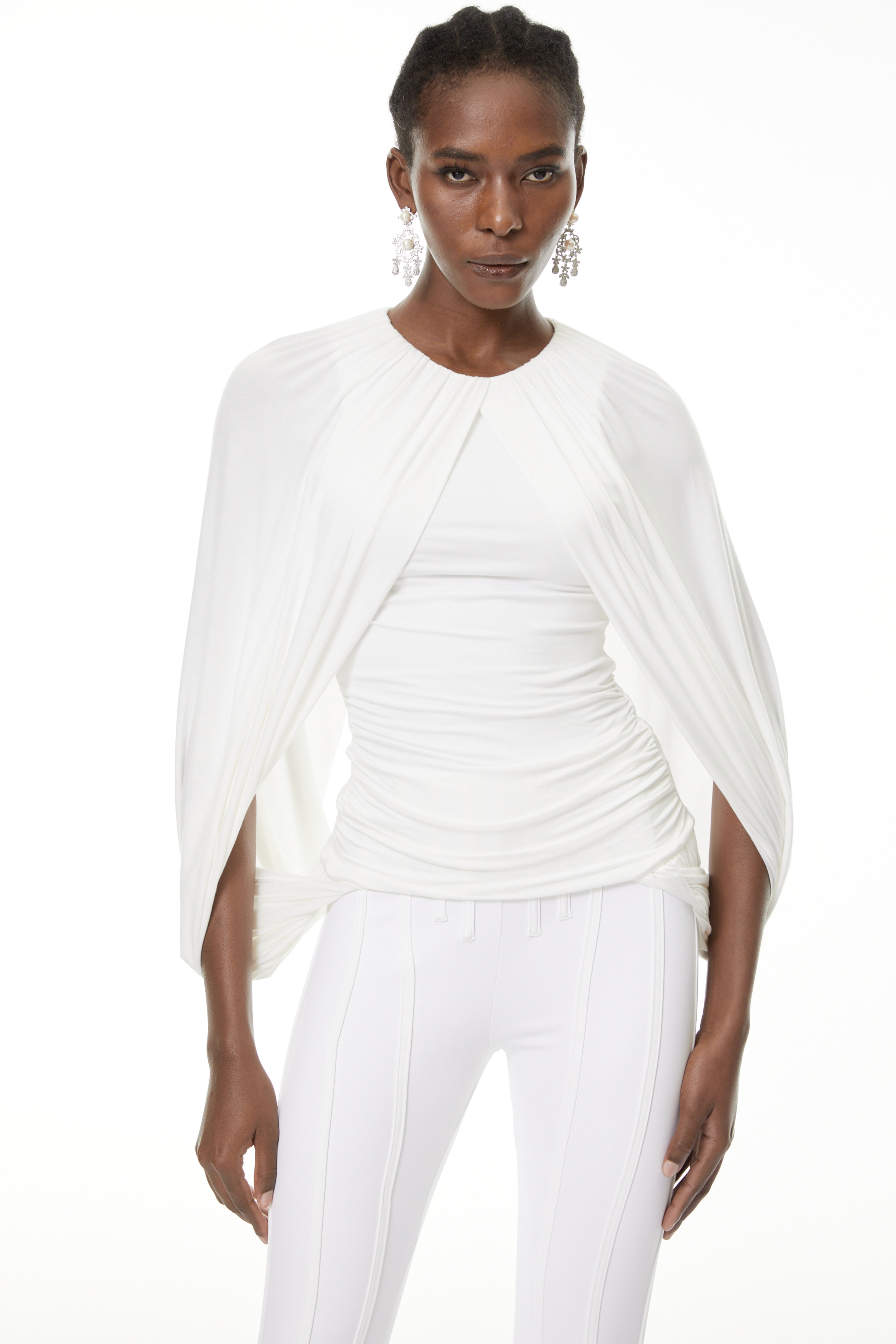 Marguerite White Ruched Cape Top