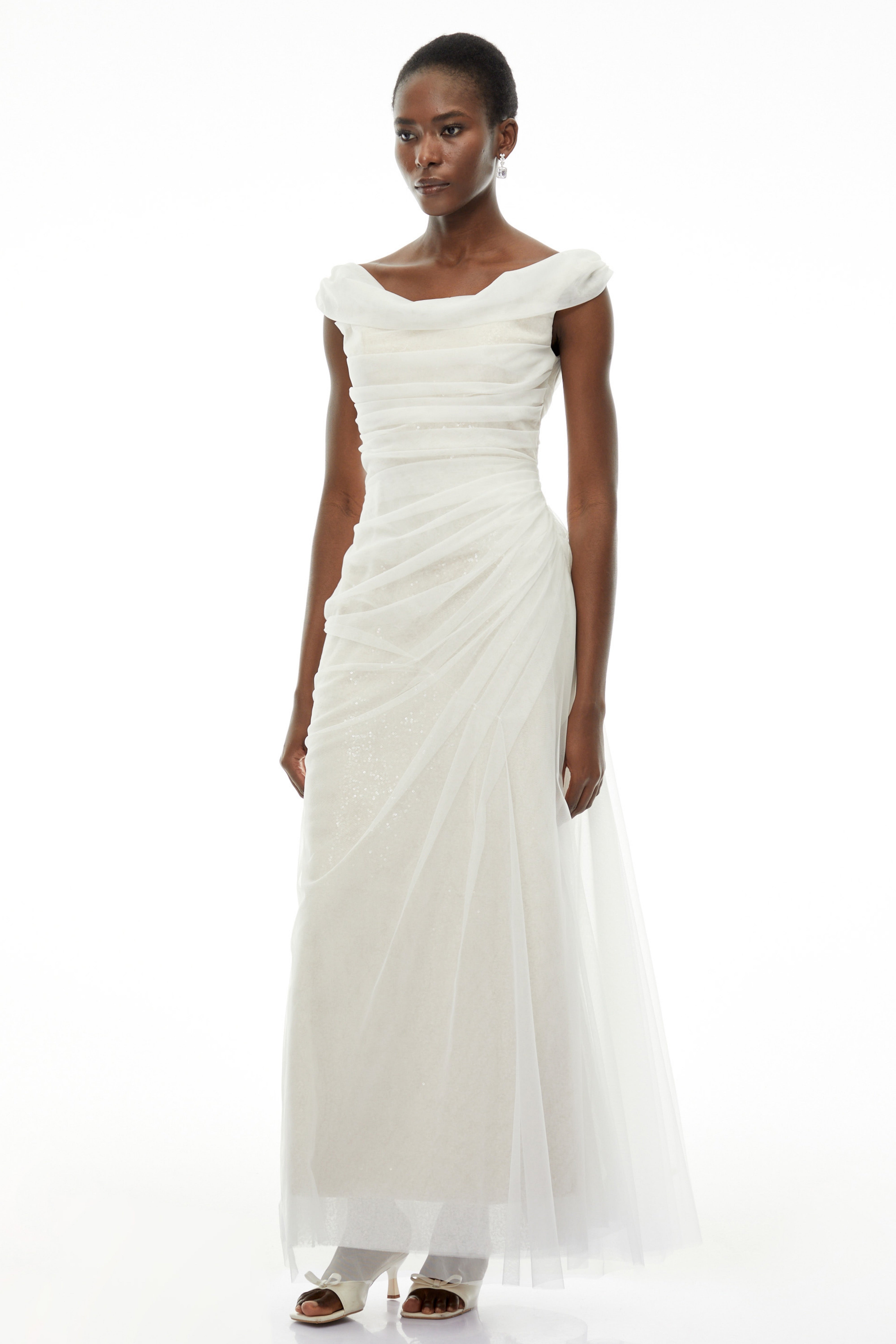 Maria White Off Shoulder Ruched Fishtail Maxi Dress