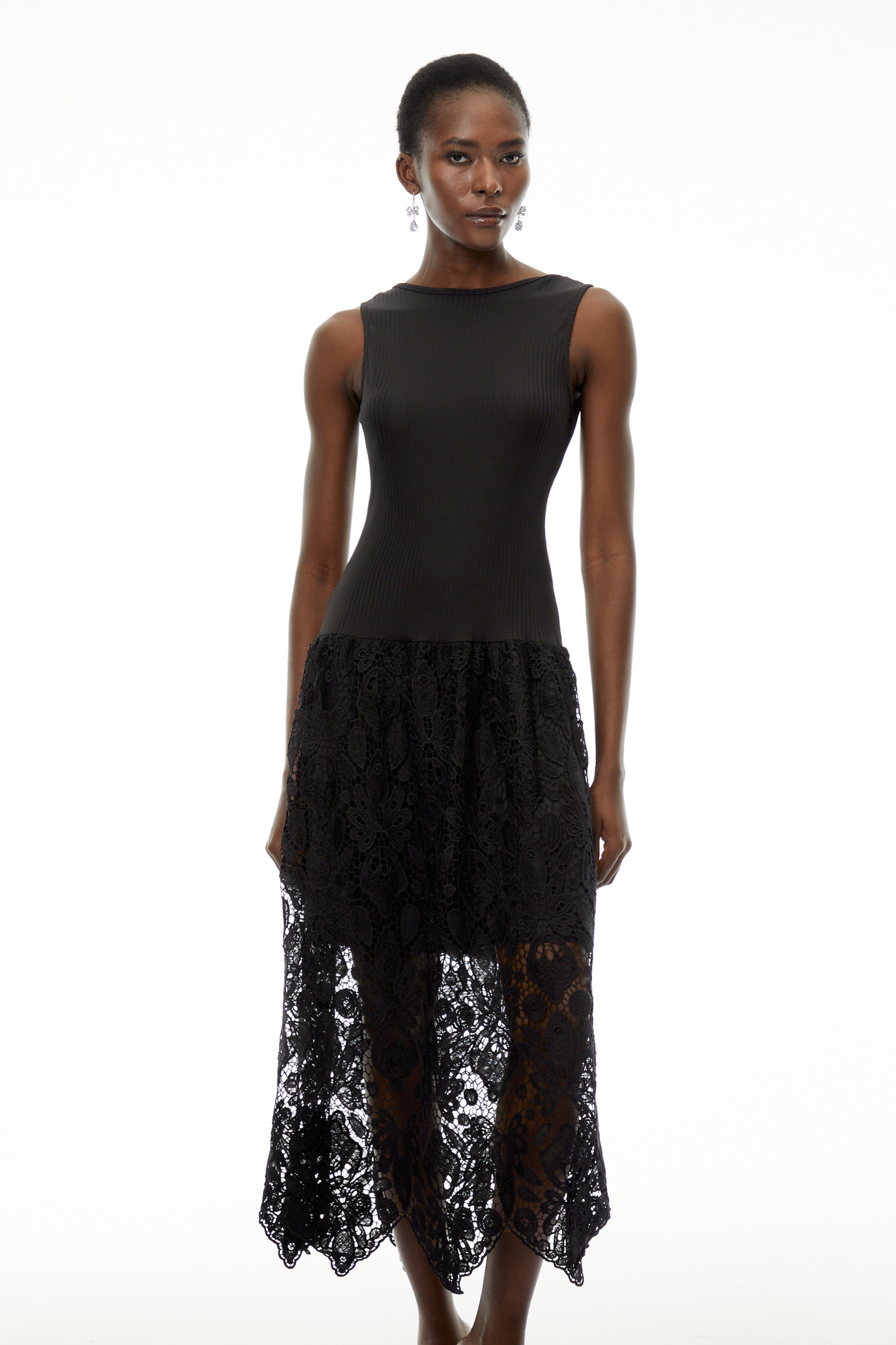 Marion Black Textured Knit Midi Dress with Lace
