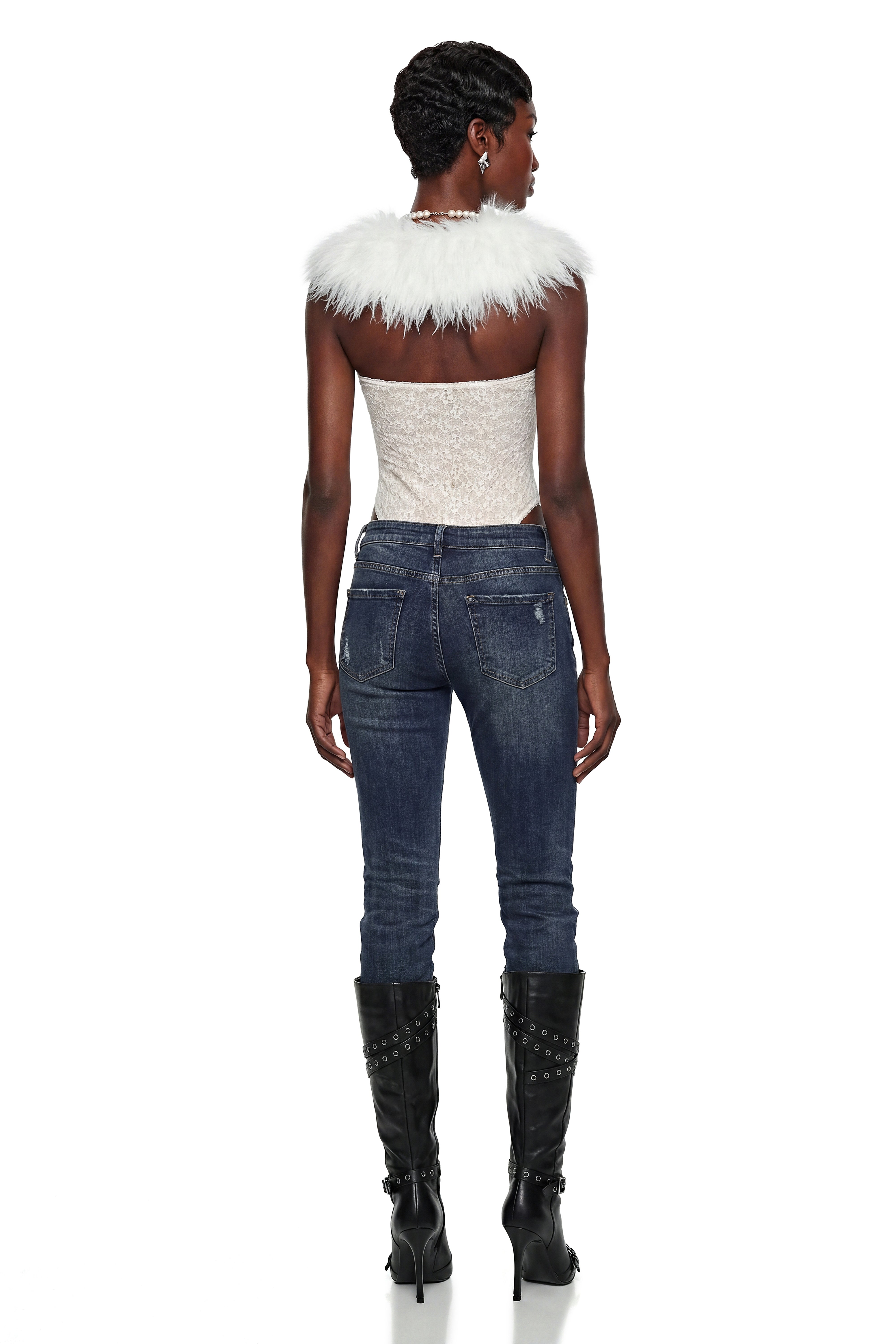 Iratxe White Lace Bodysuit with Feather Collar