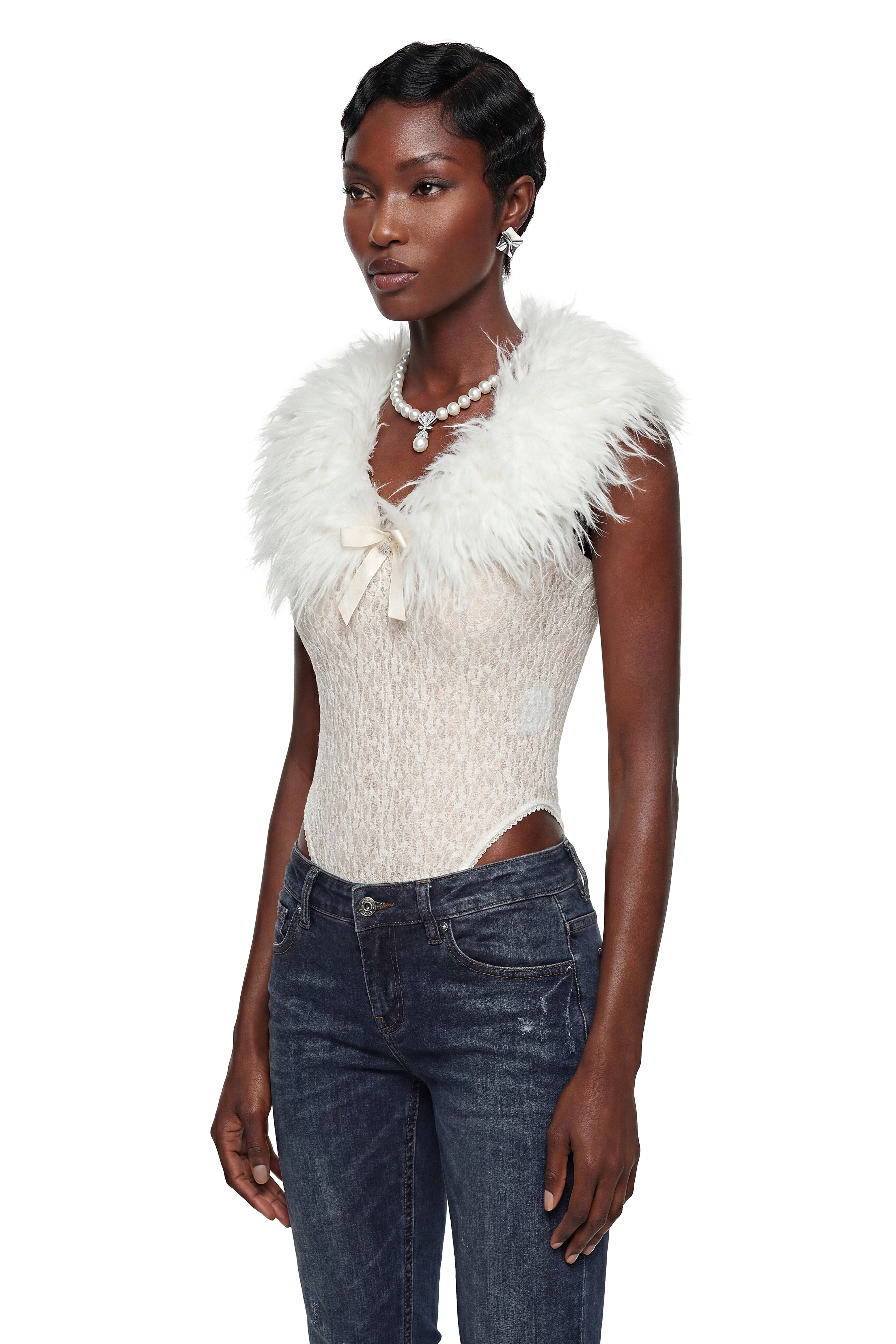 Iratxe White Lace Bodysuit with Feather Collar