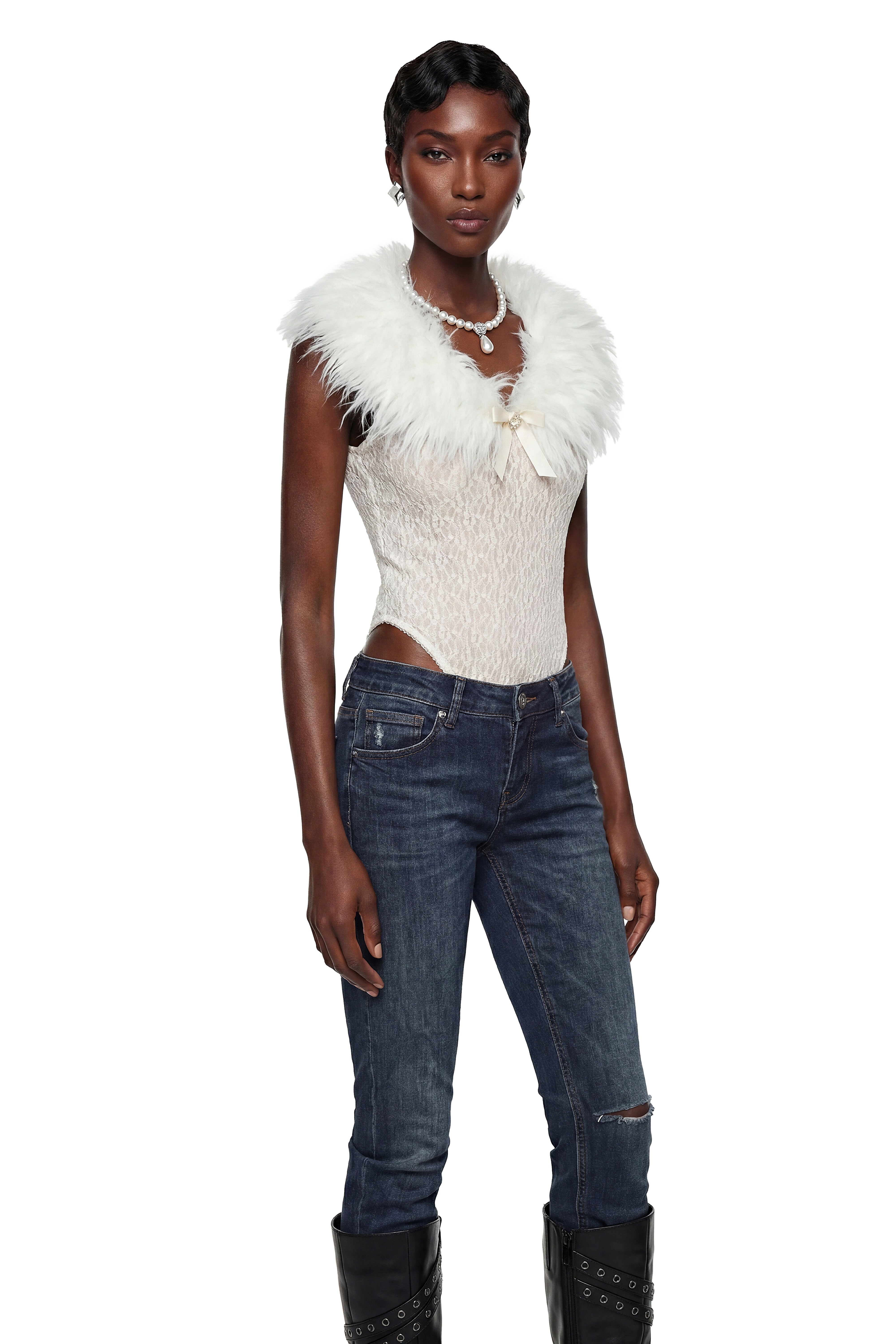 Iratxe White Lace Bodysuit with Feather Collar