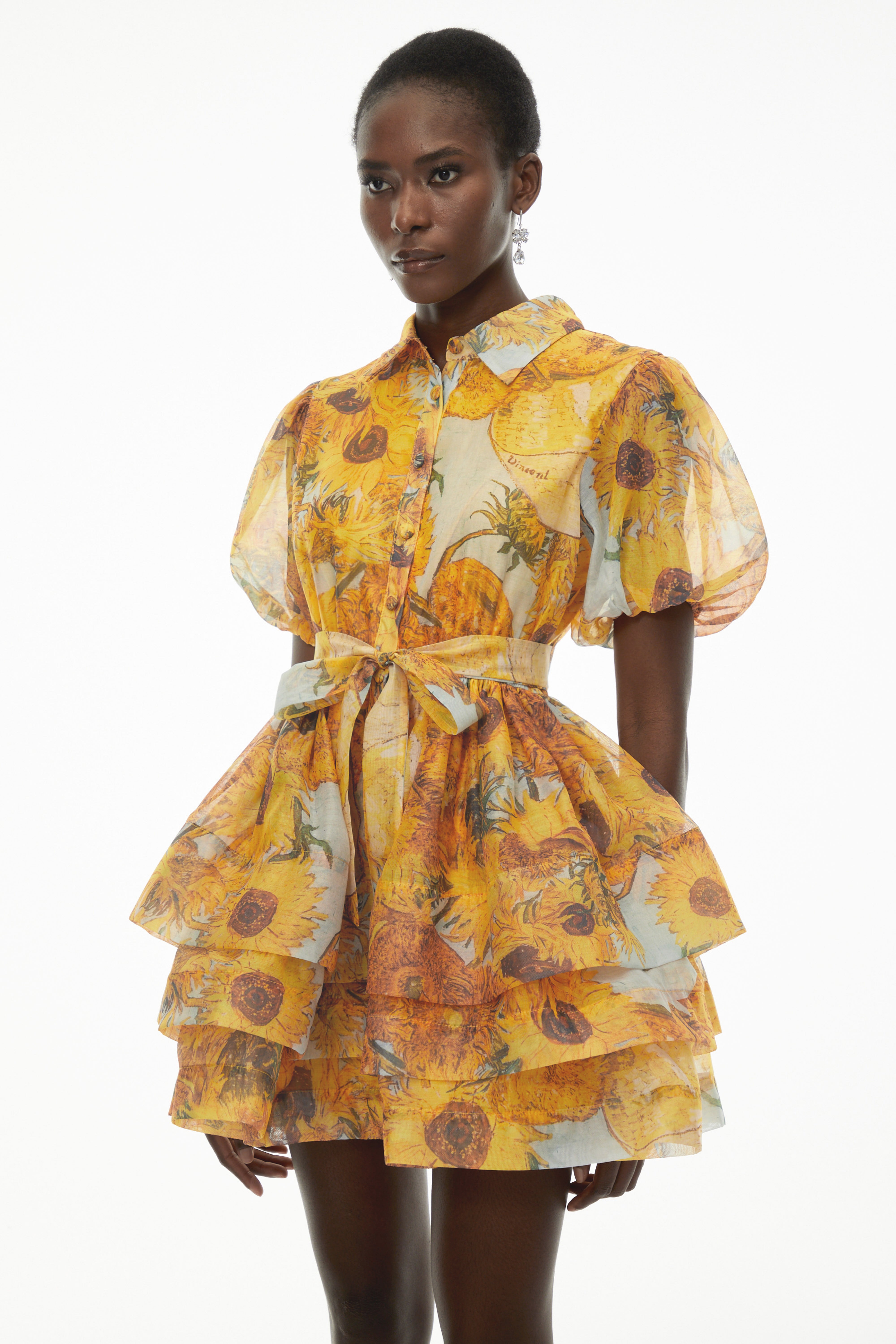 Marisa Yellow Floral Print Tiered Mini Dress
