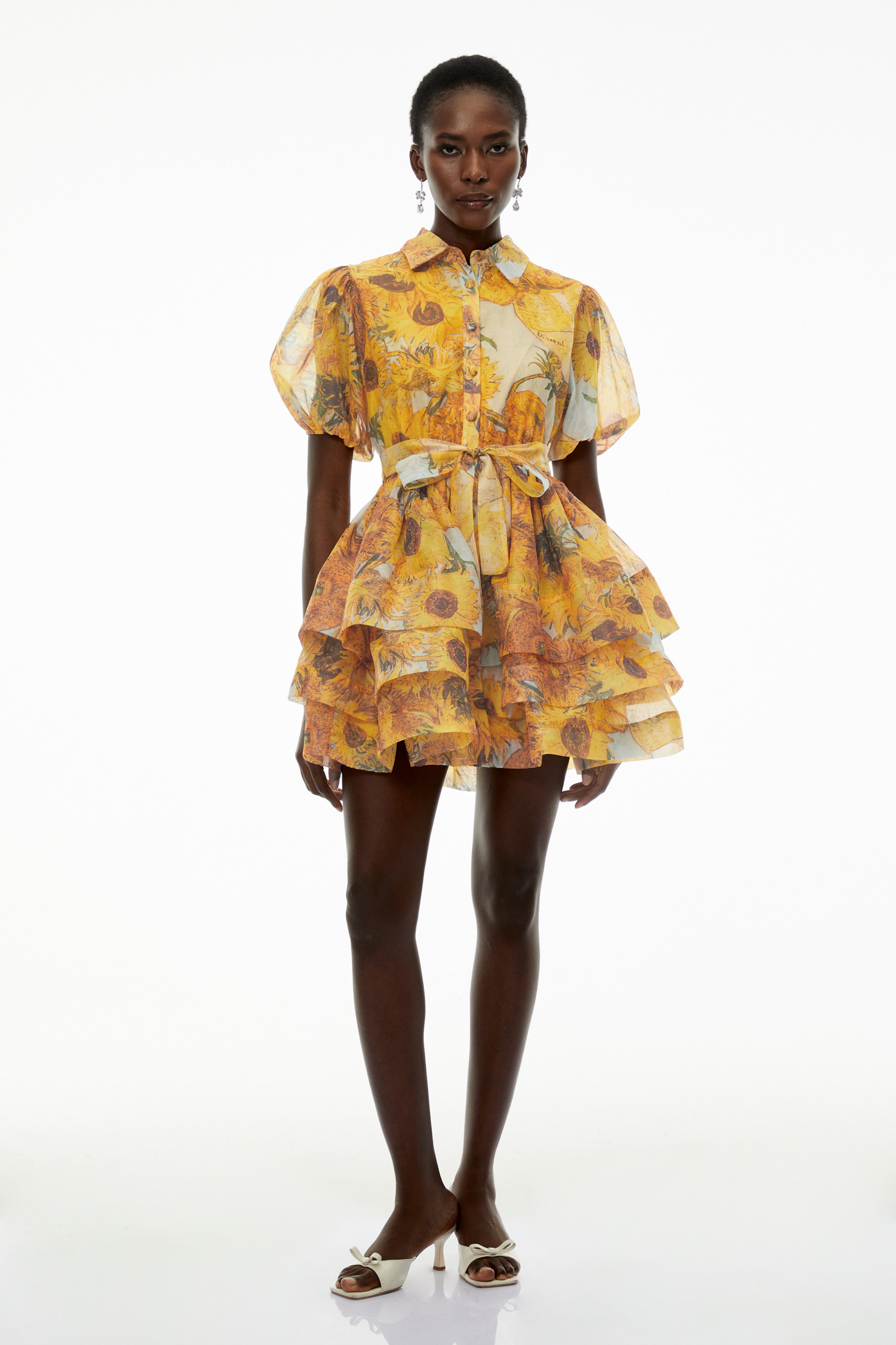 Marisa Yellow Floral Print Tiered Mini Dress
