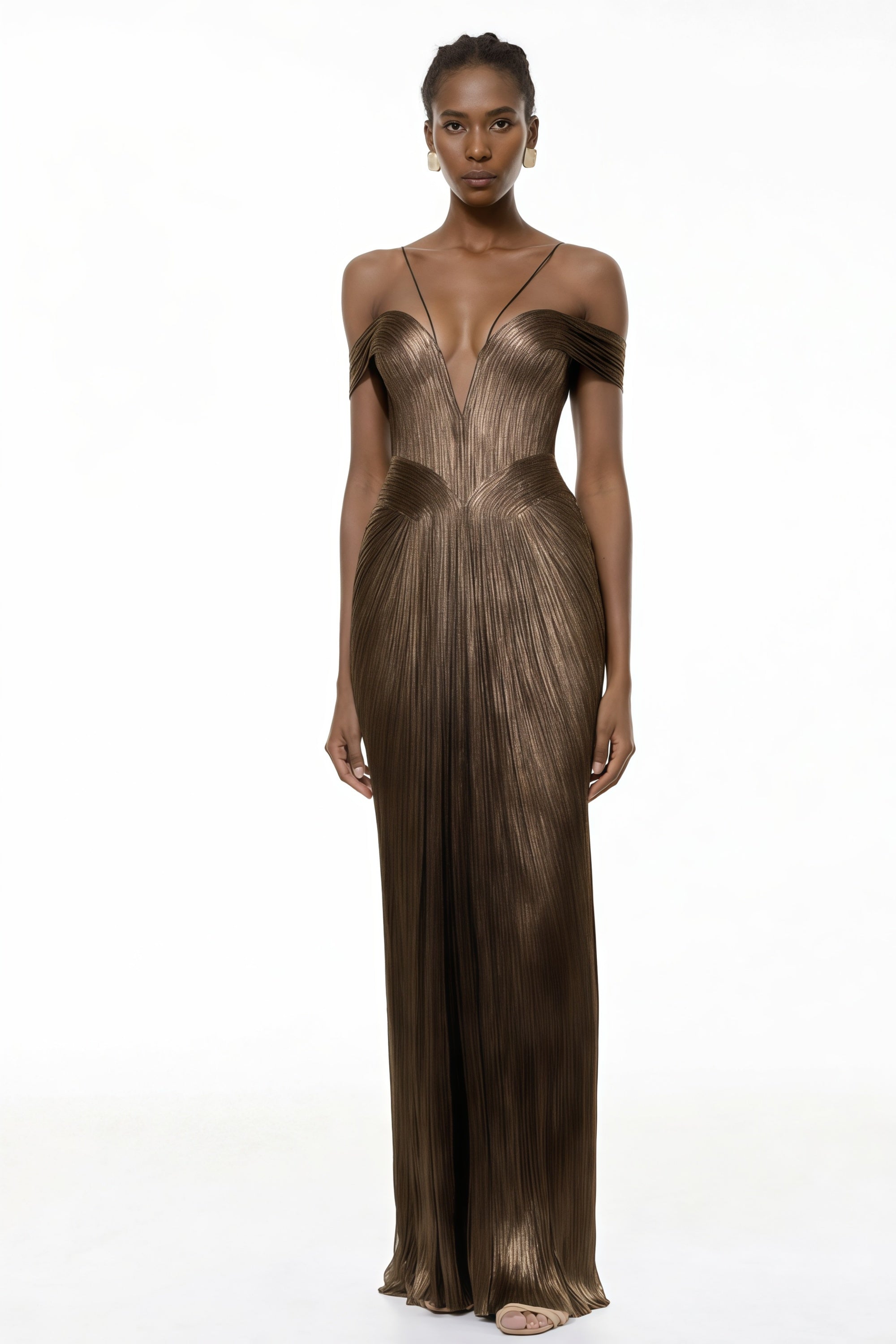 Plunging Off-Shoulder Plissé Gown