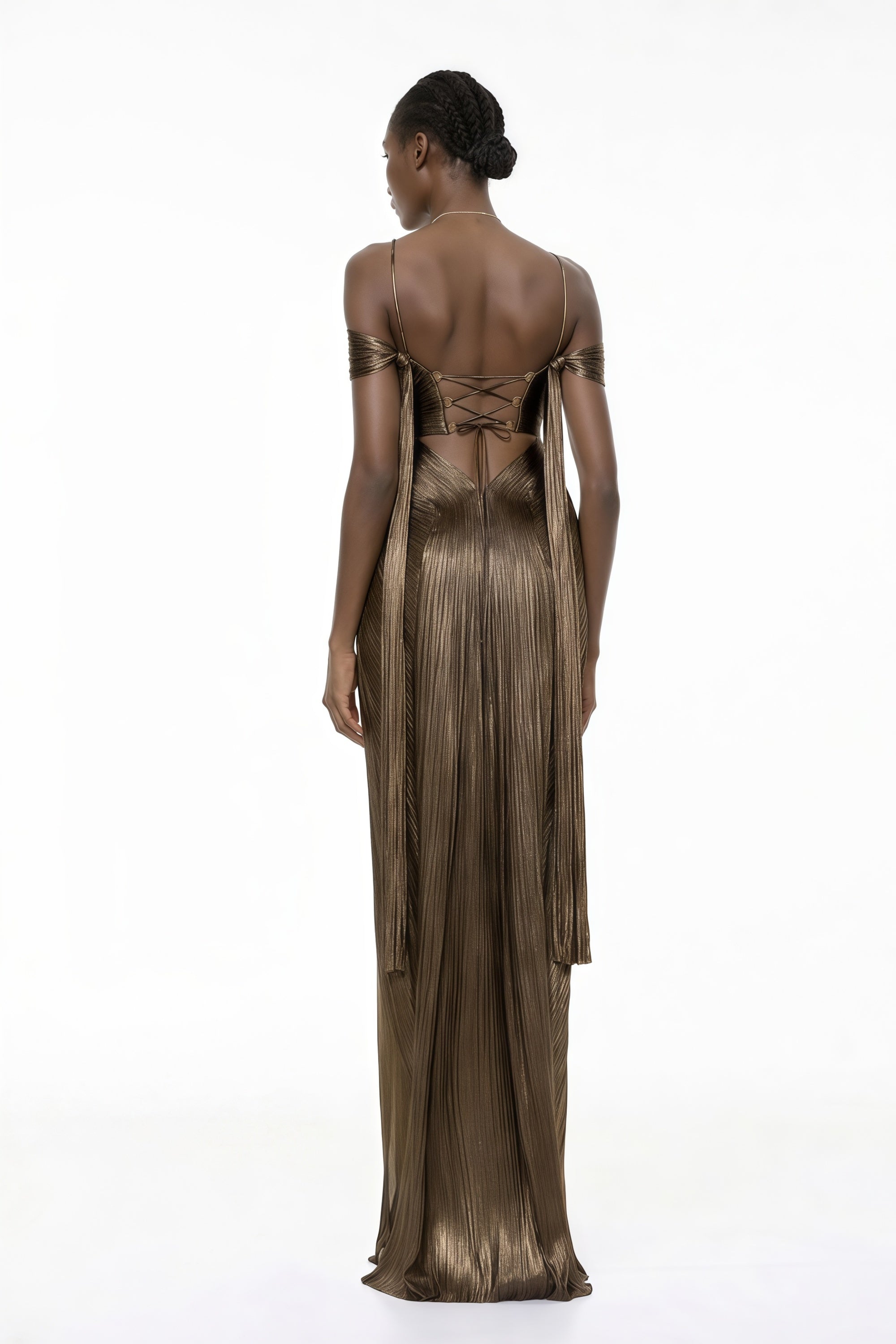 Plunging Off-Shoulder Plissé Gown