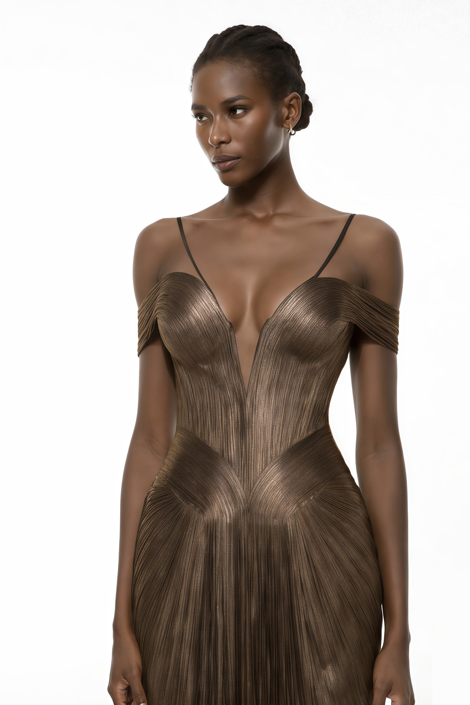 Plunging Off-Shoulder Plissé Gown