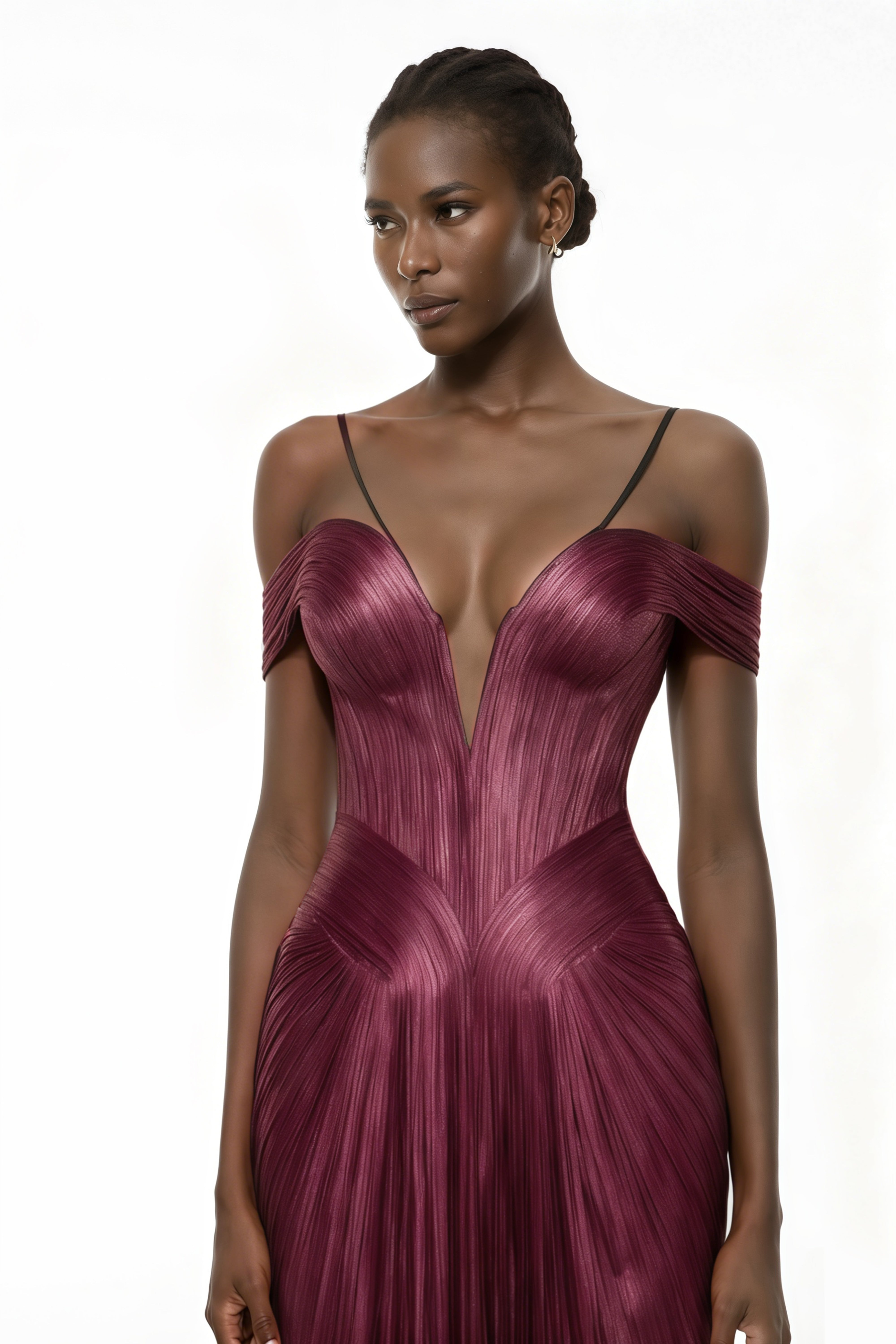 Burgundy metallic pleated maxi dress featuring a plunging V-neckline with off-the-shoulder straps