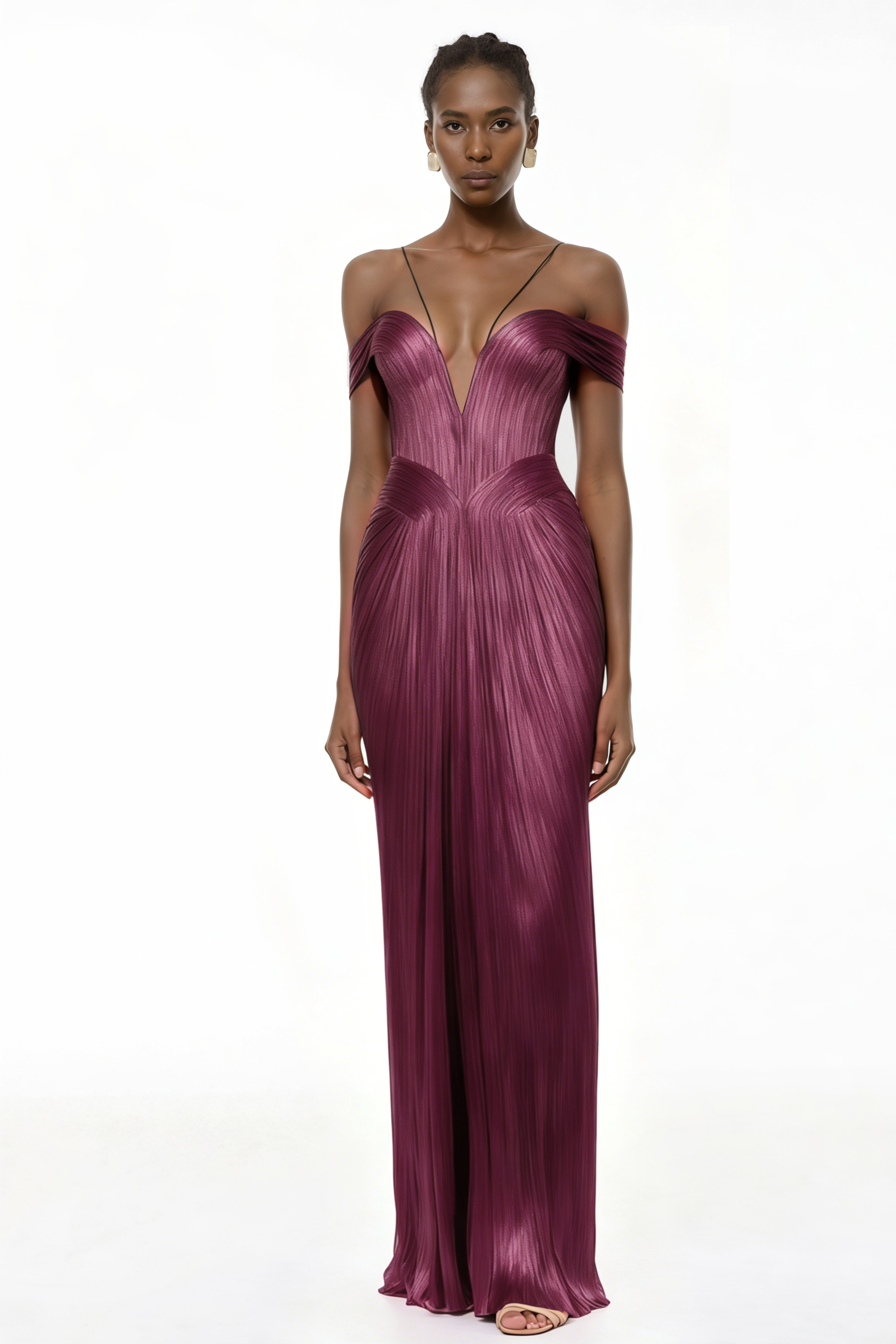Burgundy metallic pleated maxi dress featuring a plunging V-neckline with off-the-shoulder straps