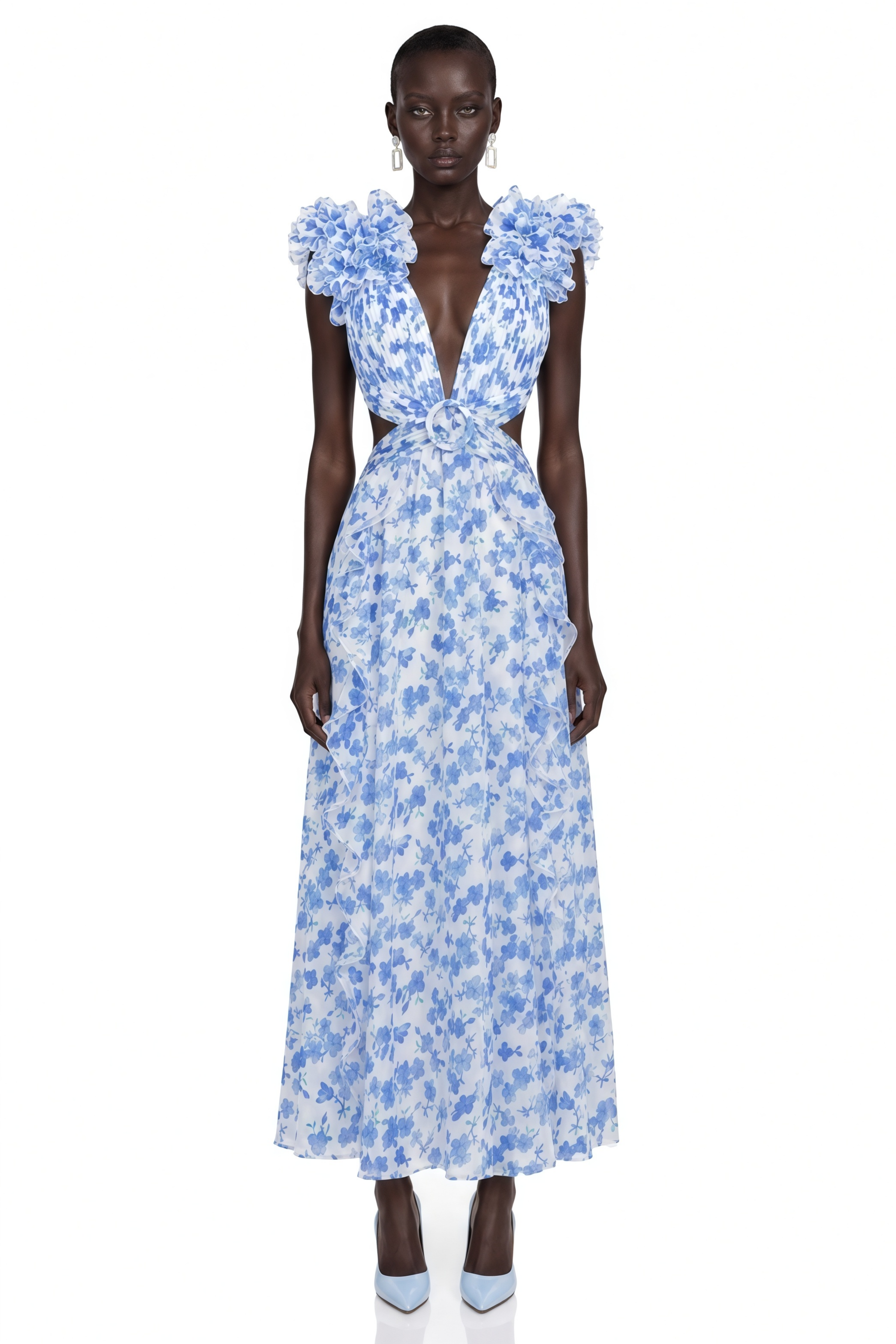 Marjorie Blue Floral Print Maxi Dress with Ruffled Trim