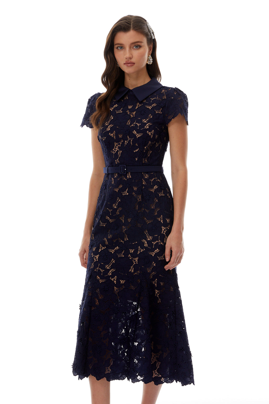 Marlene Navy Blue Floral Lace Midi Dress, S / Blue