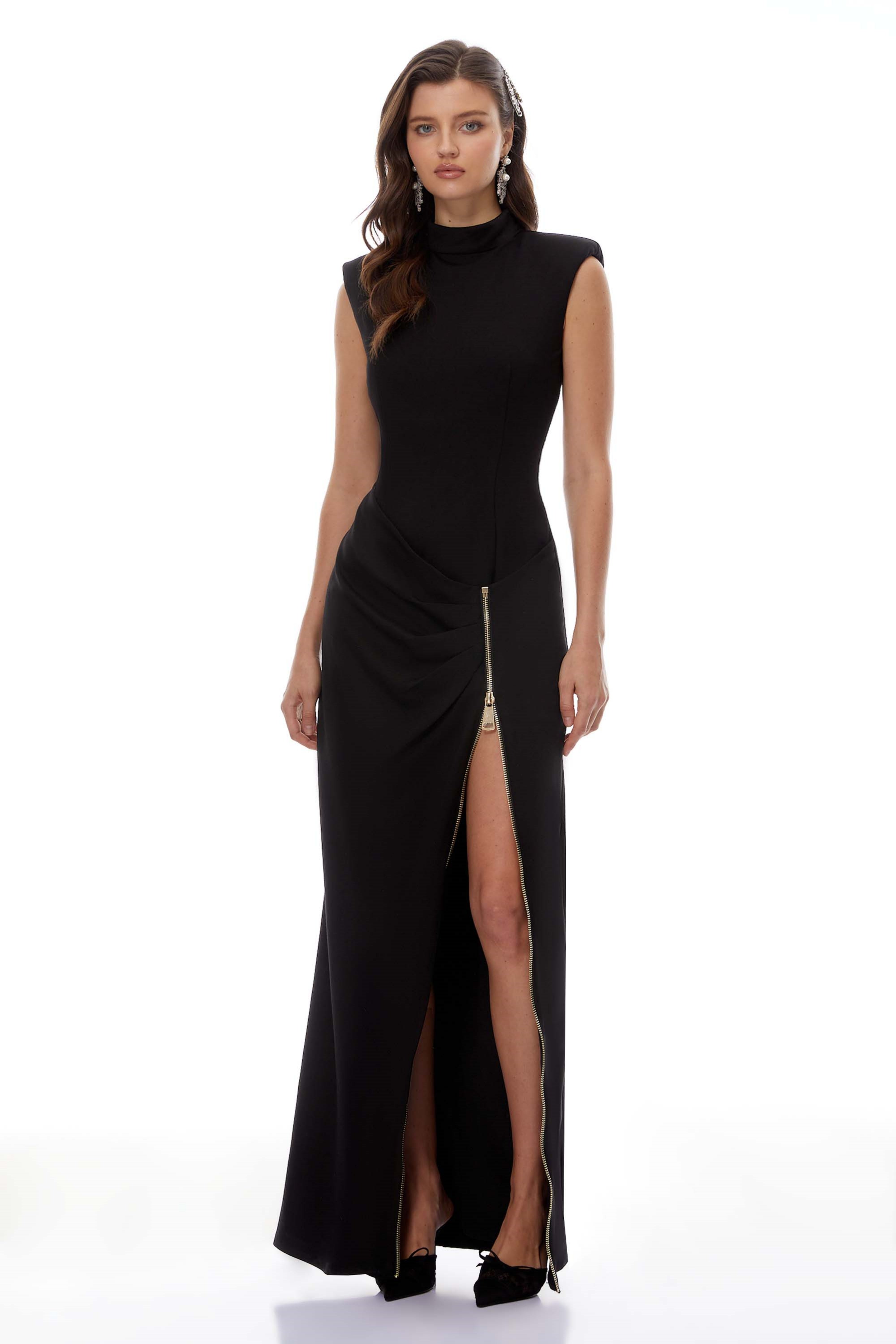 Martina Black Maxi Dress with Zip Up Detail