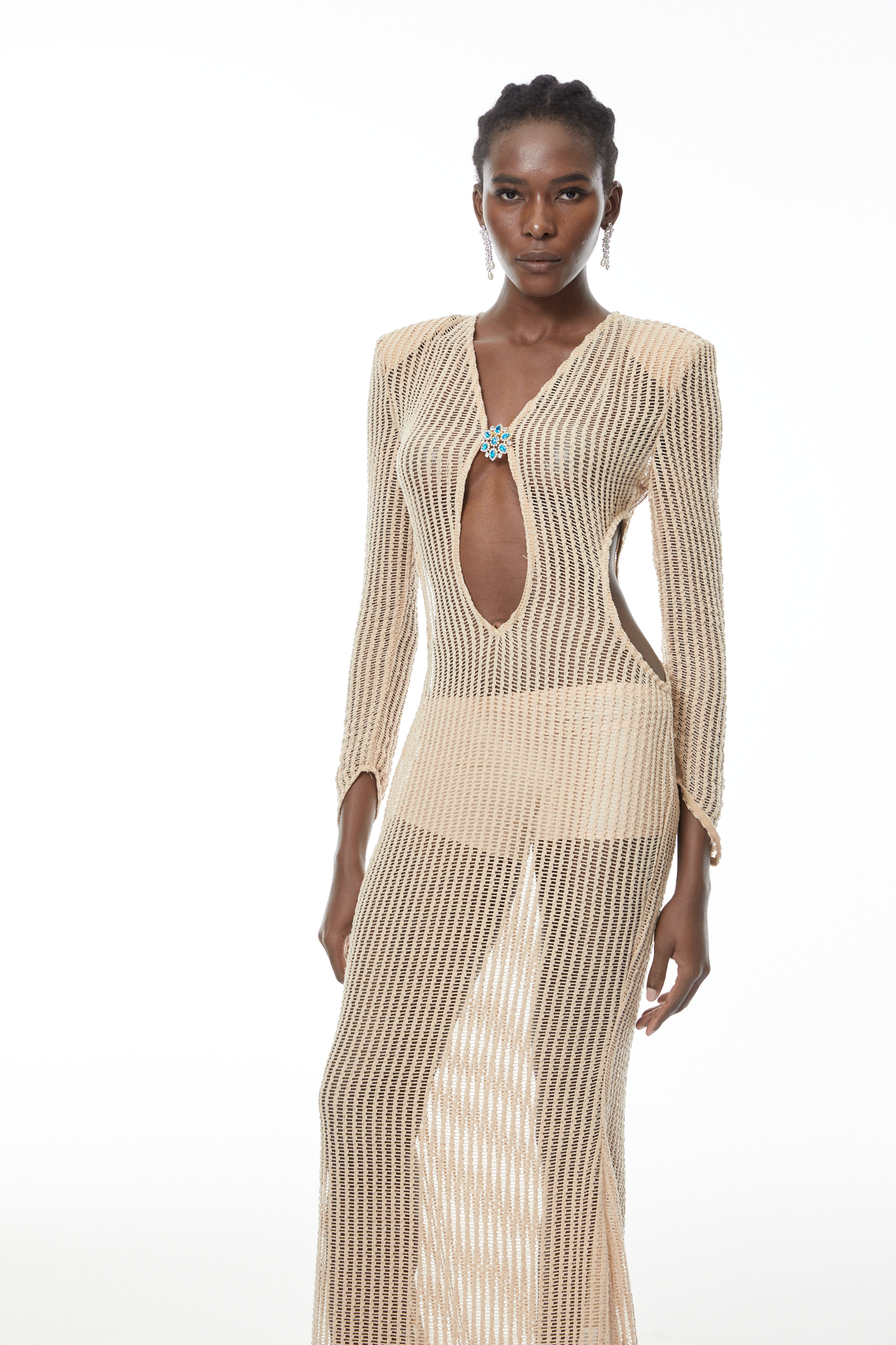 Martina Neutral Crochet Maxi Dress with Cut Out