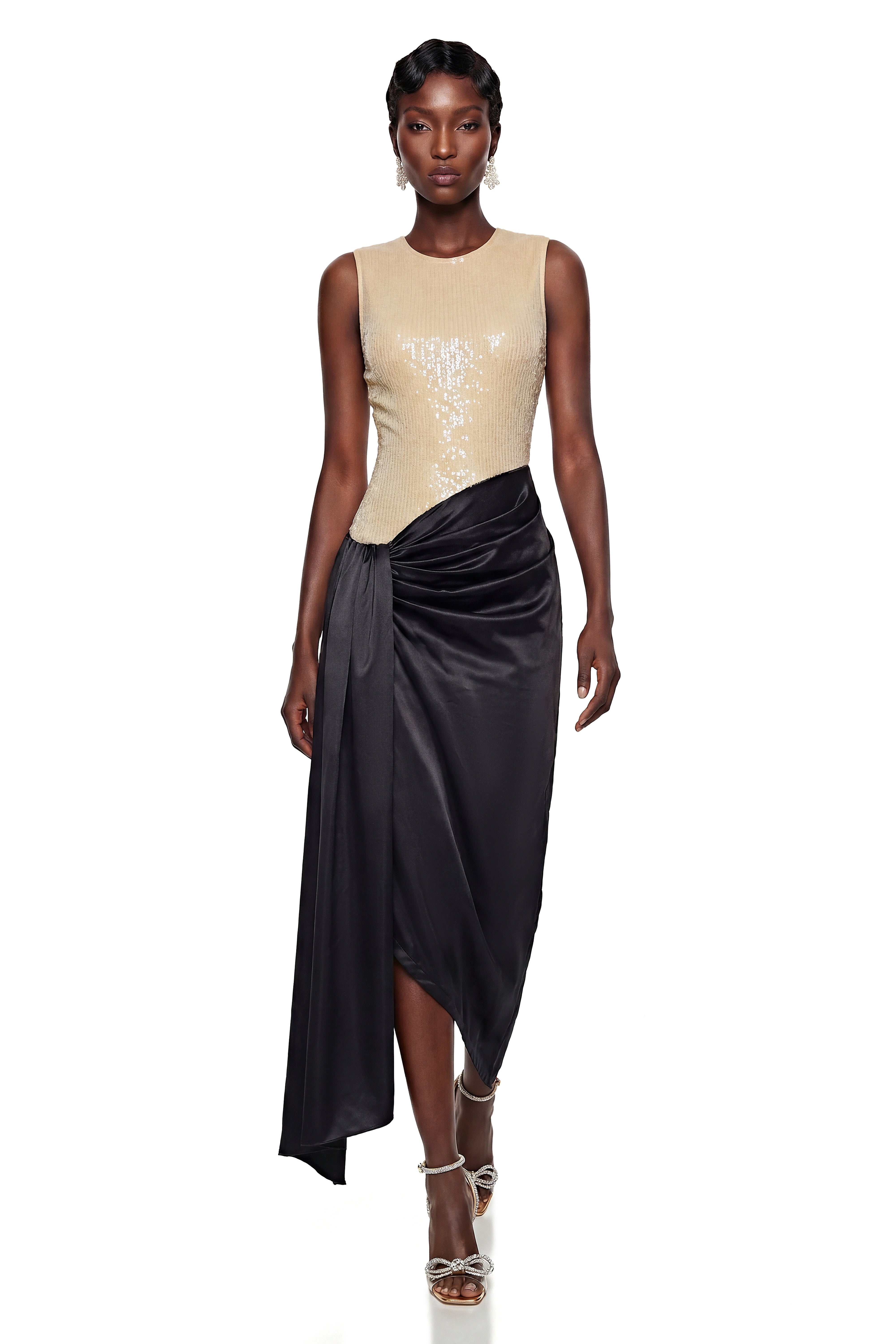 Olivia Cream Sequin Asymmetrical Ruched Maxi Dress