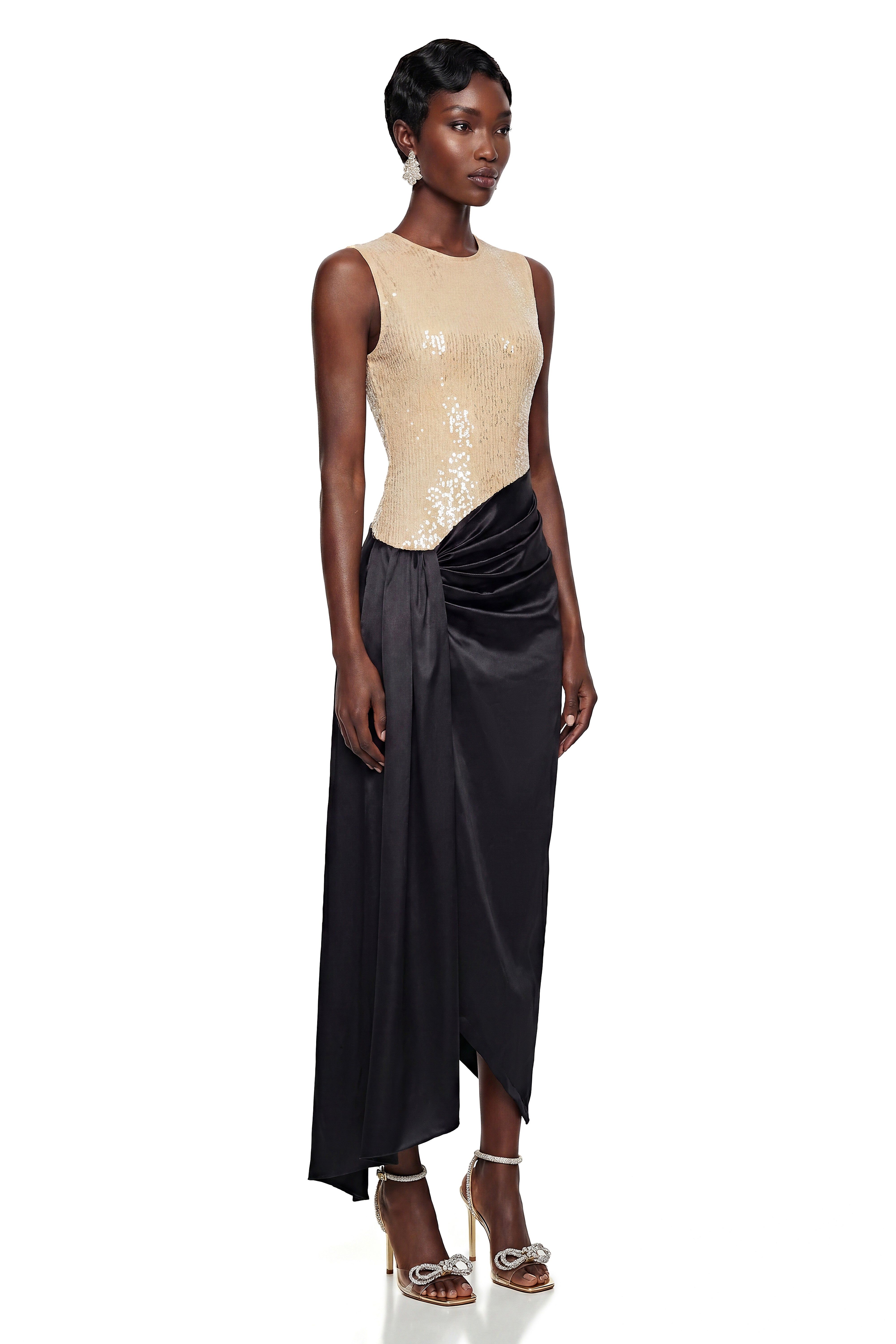Olivia Cream Sequin Asymmetrical Ruched Maxi Dress