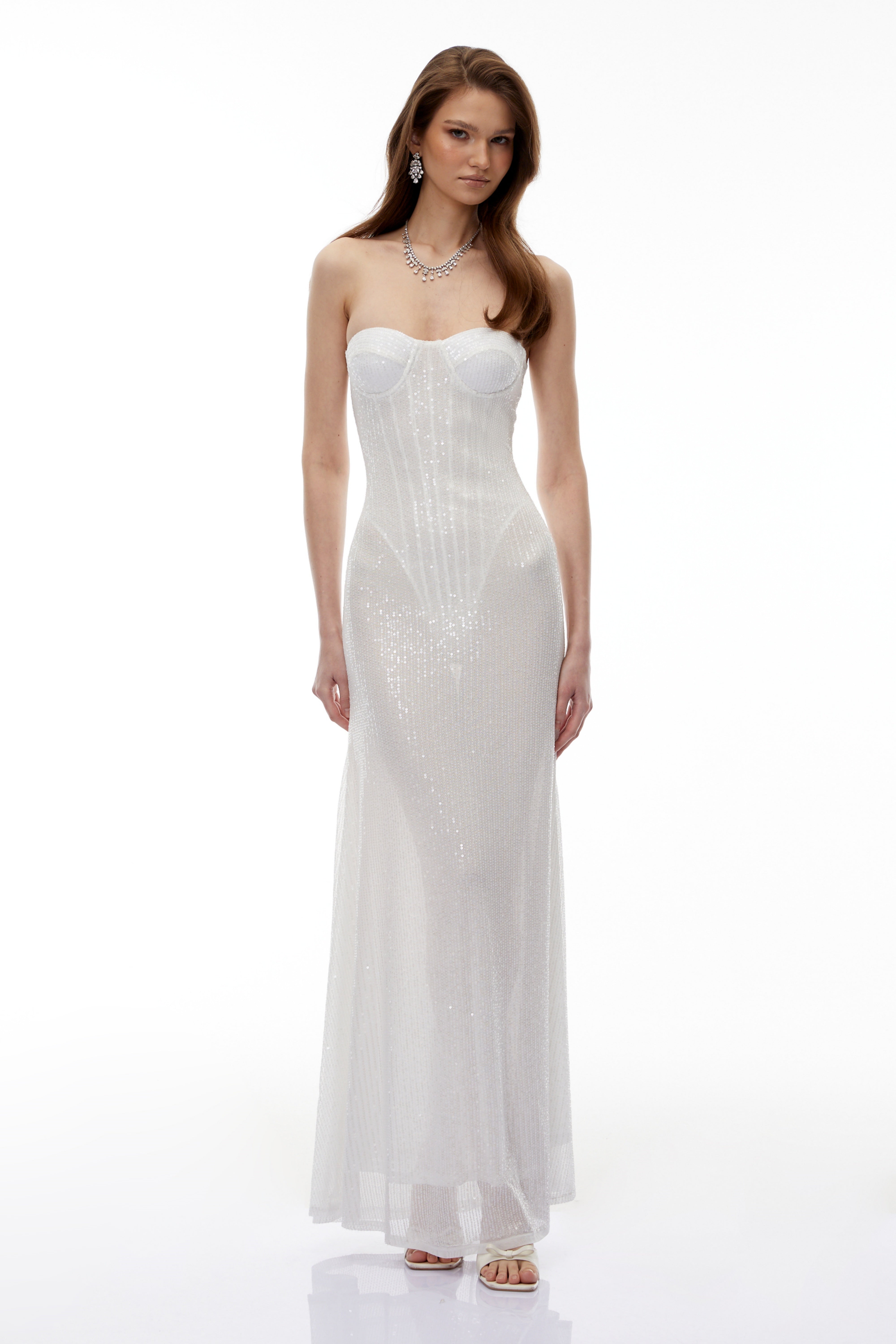 Marwen – Weißes, schulterfreies Maxikleid mit Pailletten