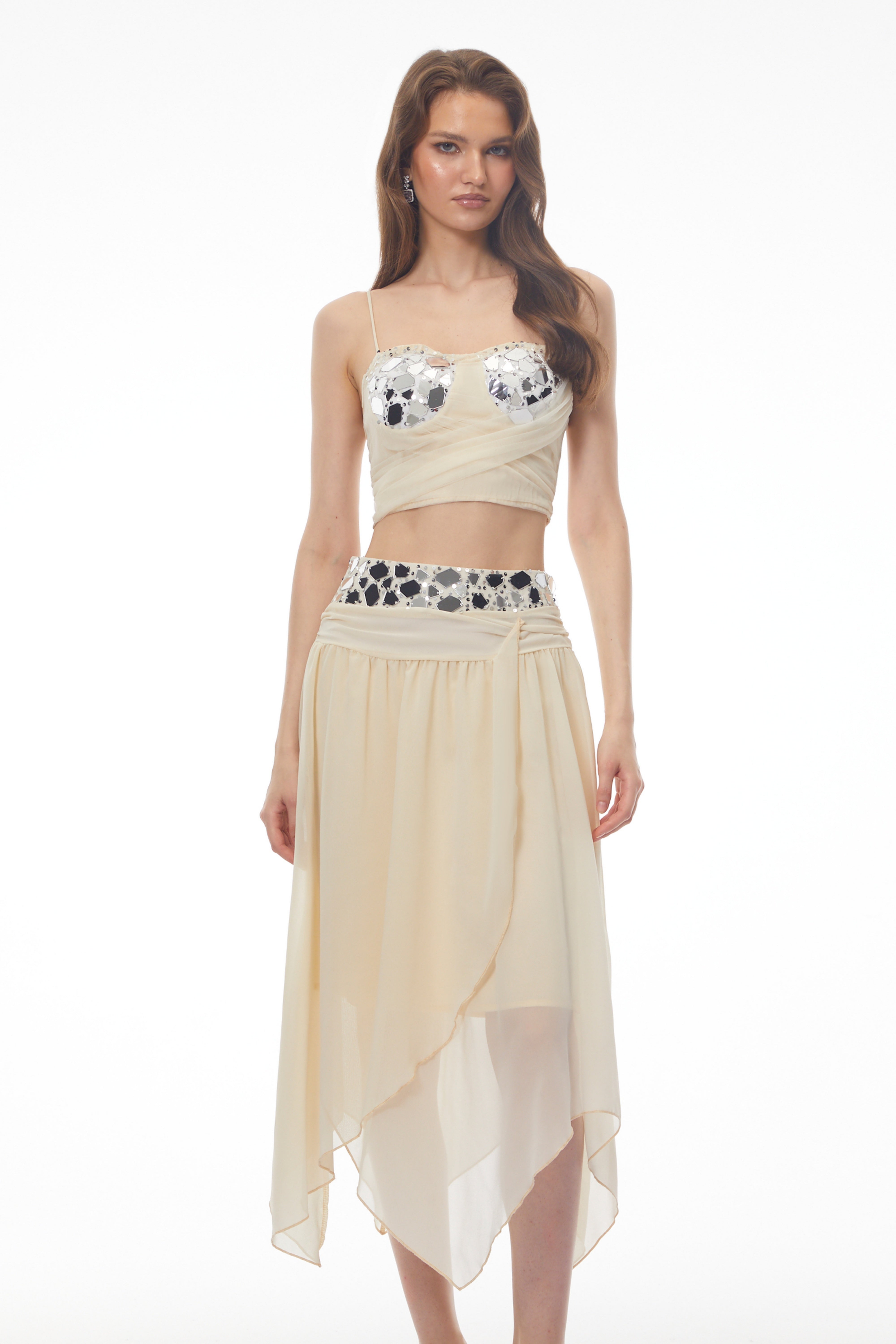 Maryam Neutrals Sequin Top & Asymmetrical Skirt Set