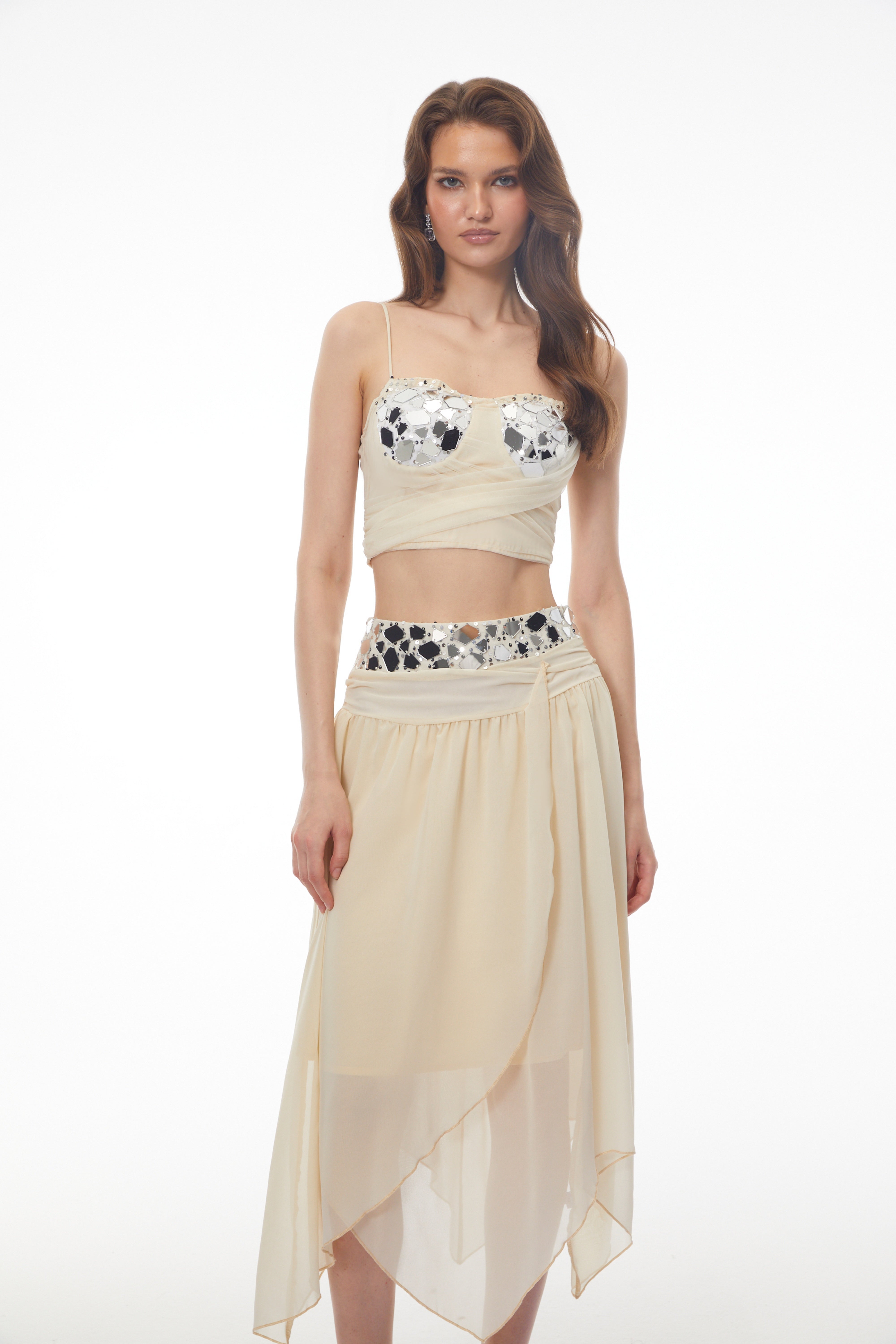 Maryam Neutrals Sequin Top & Asymmetrical Skirt Set