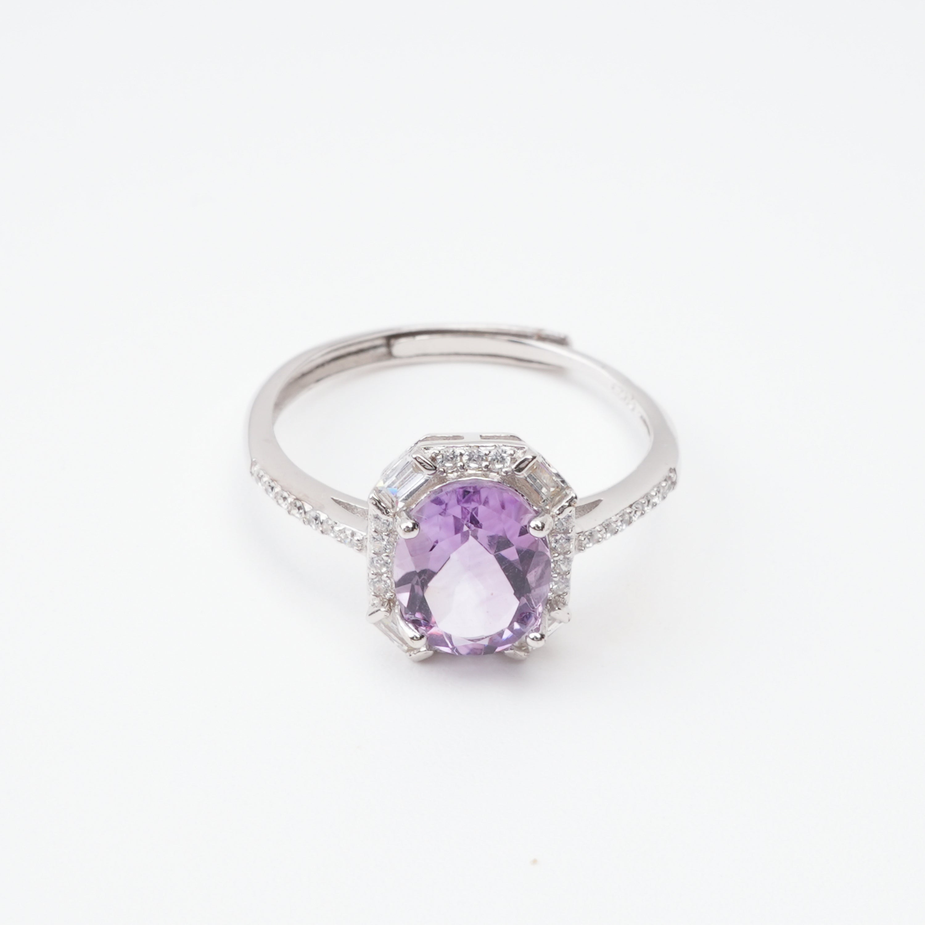 Mathilde Violet Amethyst Oval Cut Geometric Halo Sterling Silver Ring