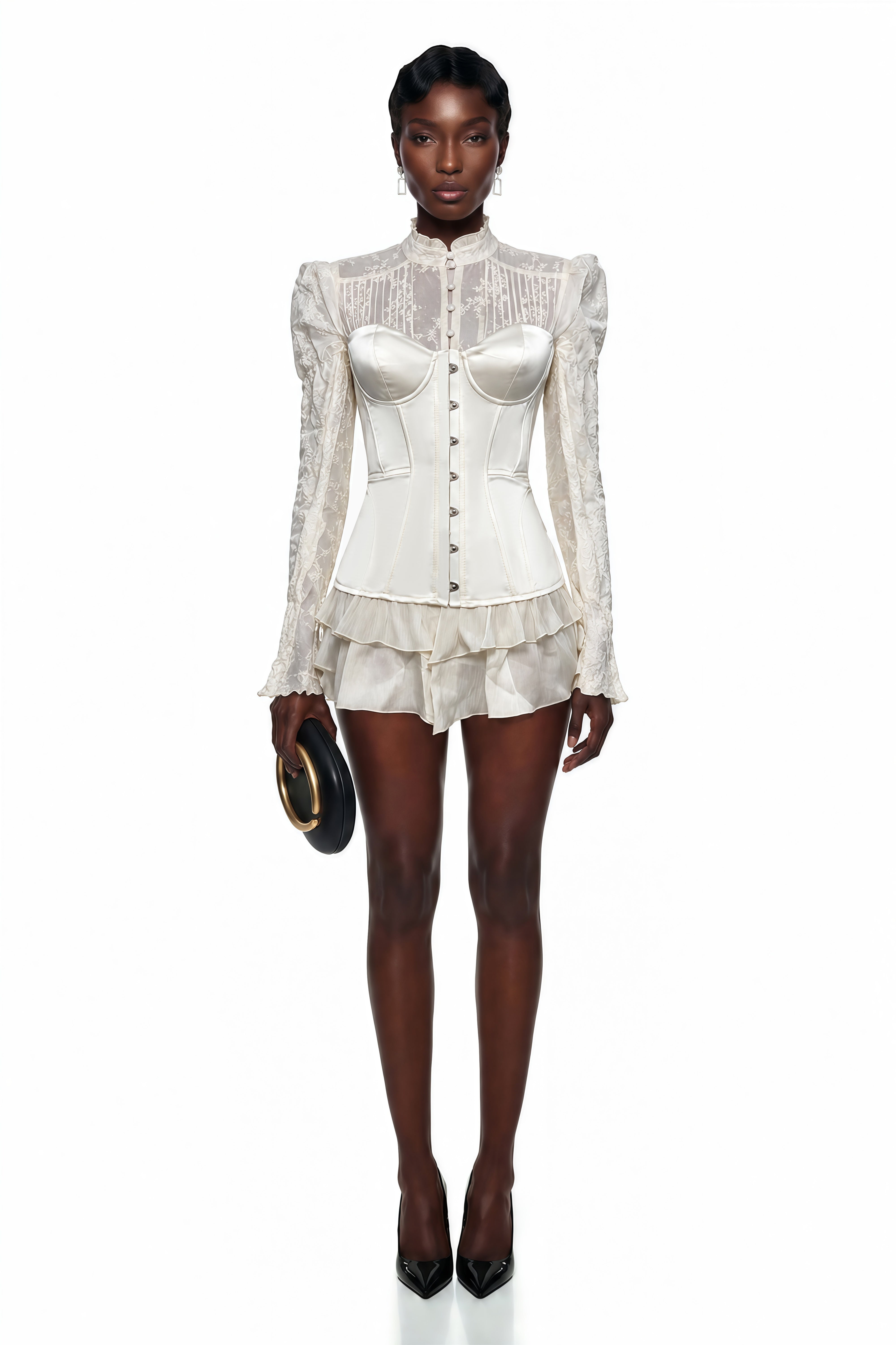 Mini-robe corset Matilde en satin blanc avec empiècements en dentelle