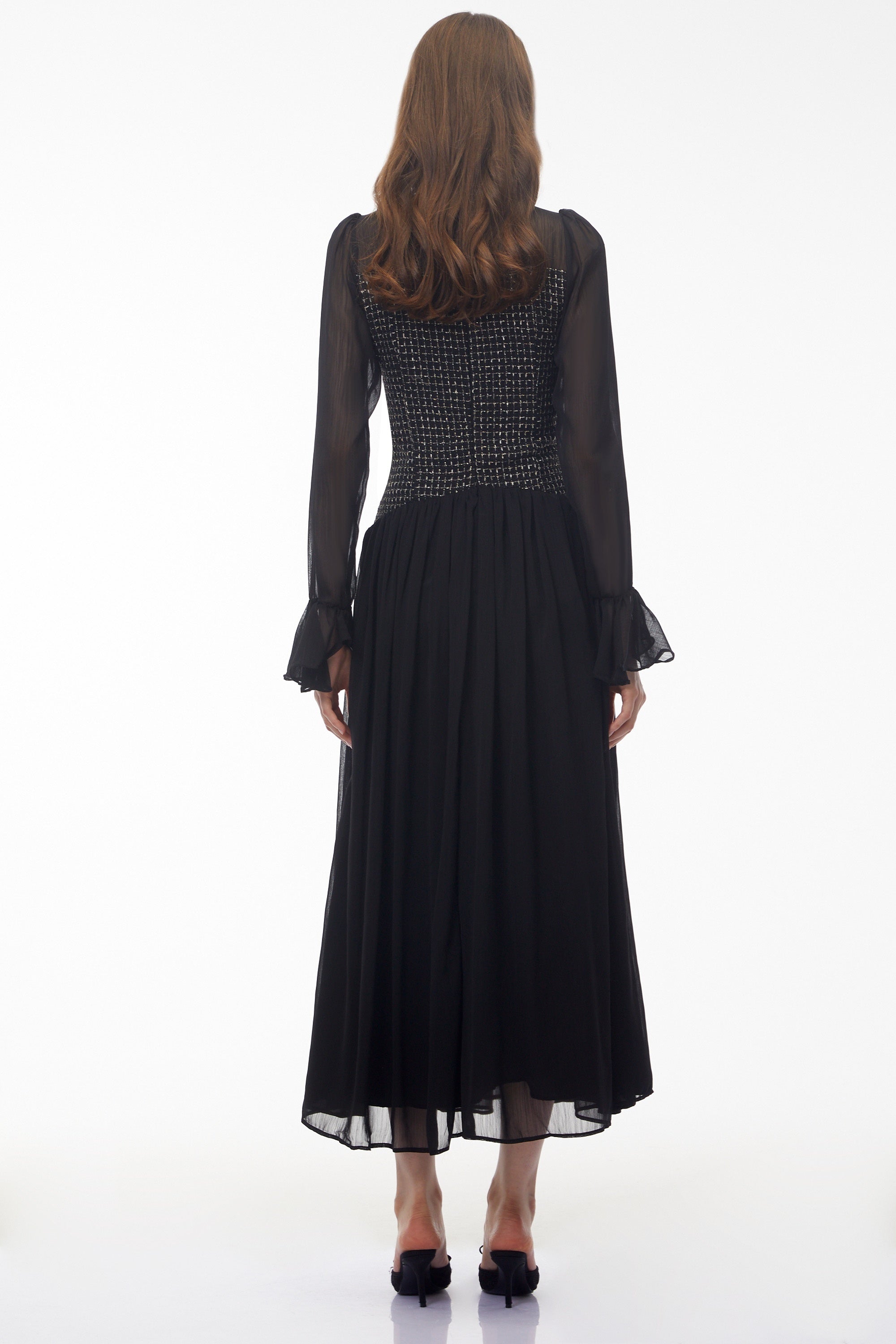 Robe longue Maya noire à manches cloche et nœud